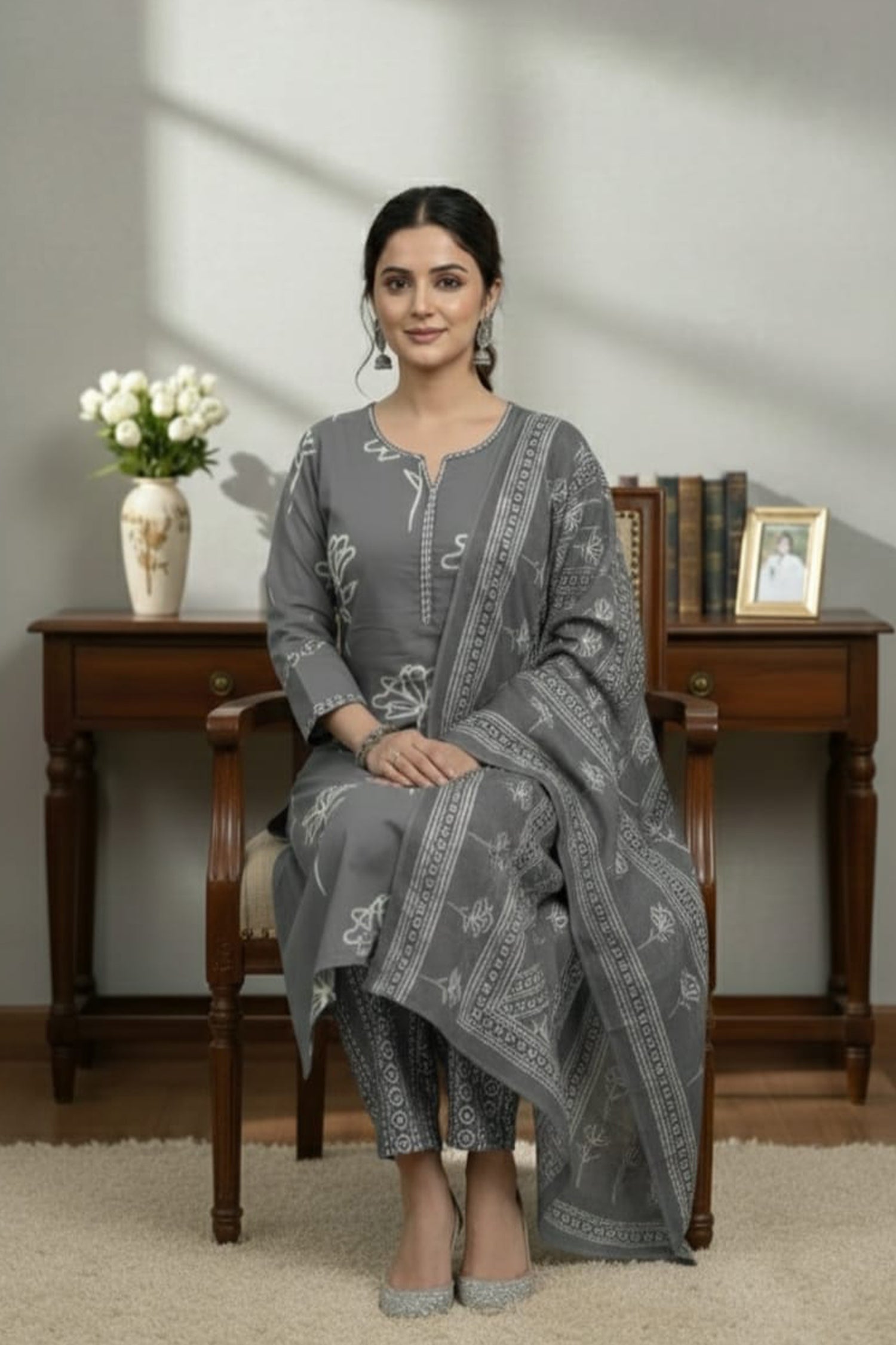 Grey & Mauve Printed Kurti Pant Set with Dupatta