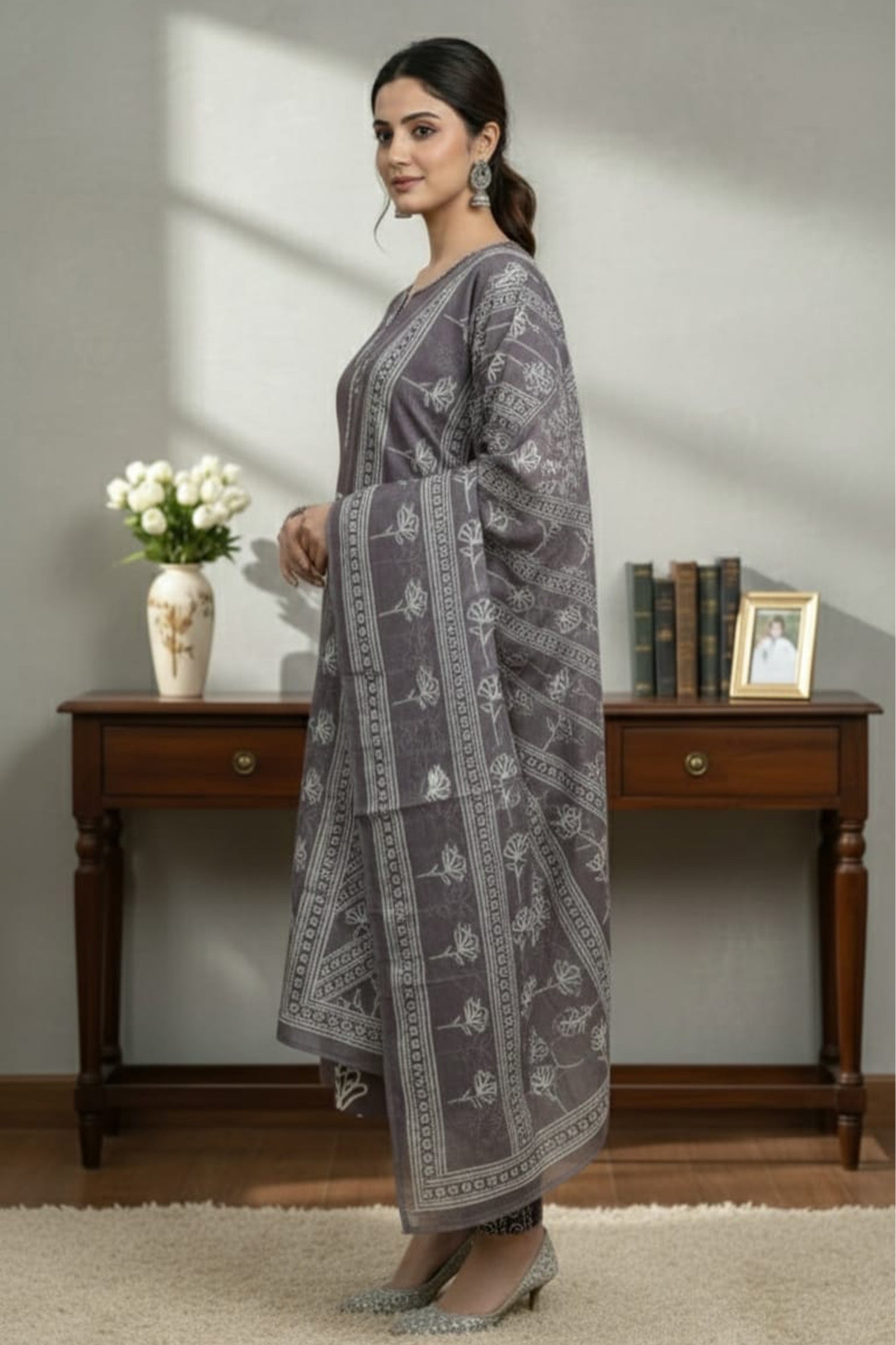 Grey & Mauve Printed Kurti Pant Set with Dupatta