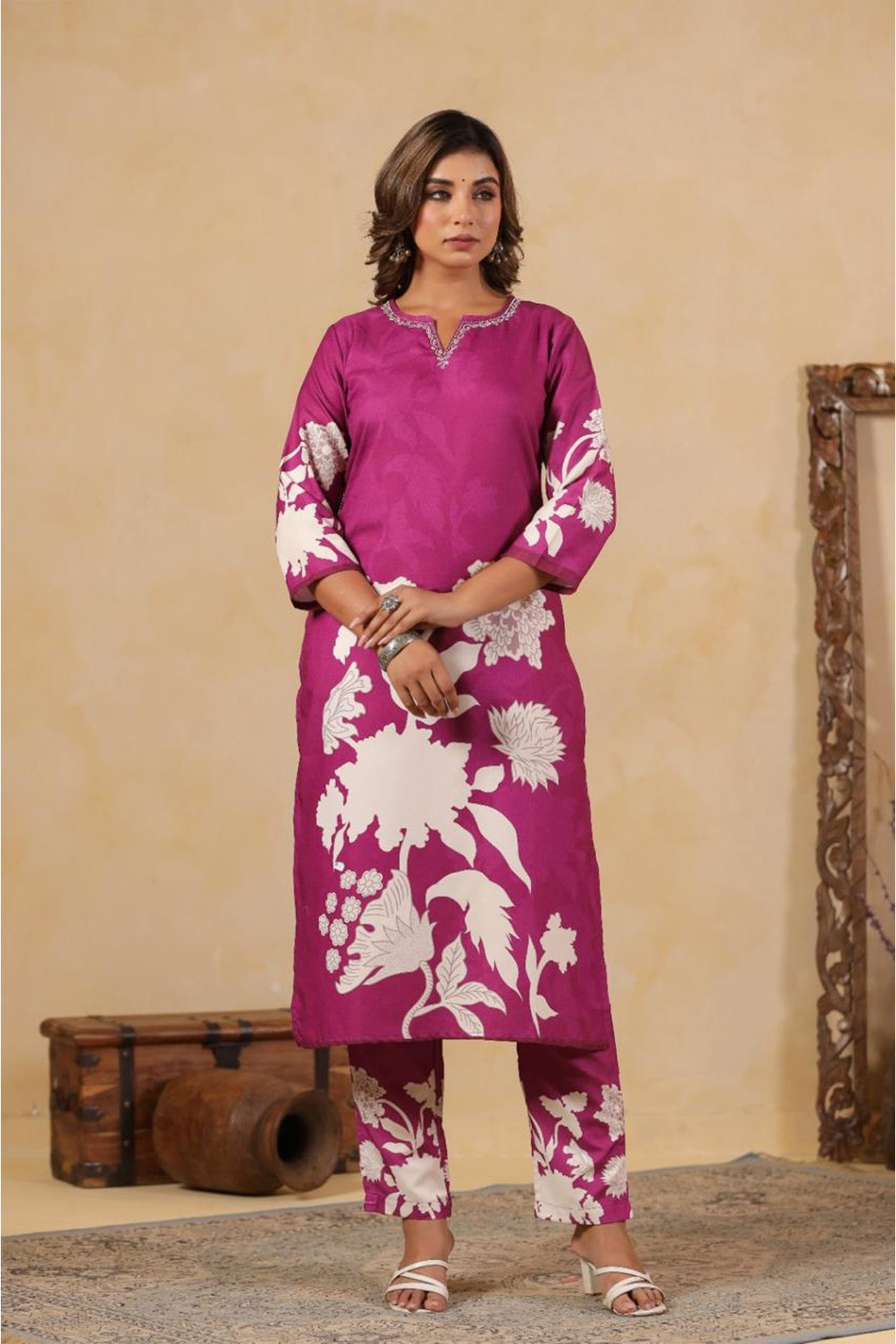 Women Magenta Floral Printed Kurta Set with Dupatta | Straight Fit Kurta Pant Set | Ethnic Wear for Women