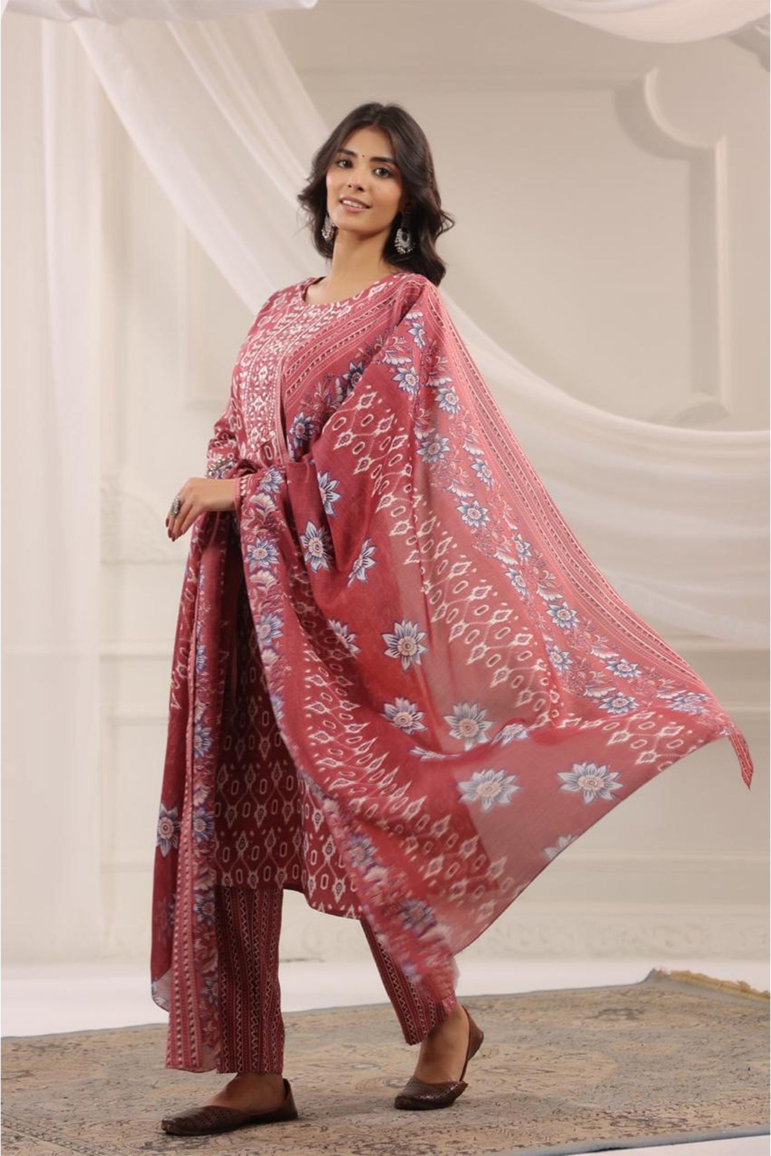 Women Rust Red Printed Kurta Set with Dupatta | Straight Fit Kurta Pant Set | Ethnic Wear for Women