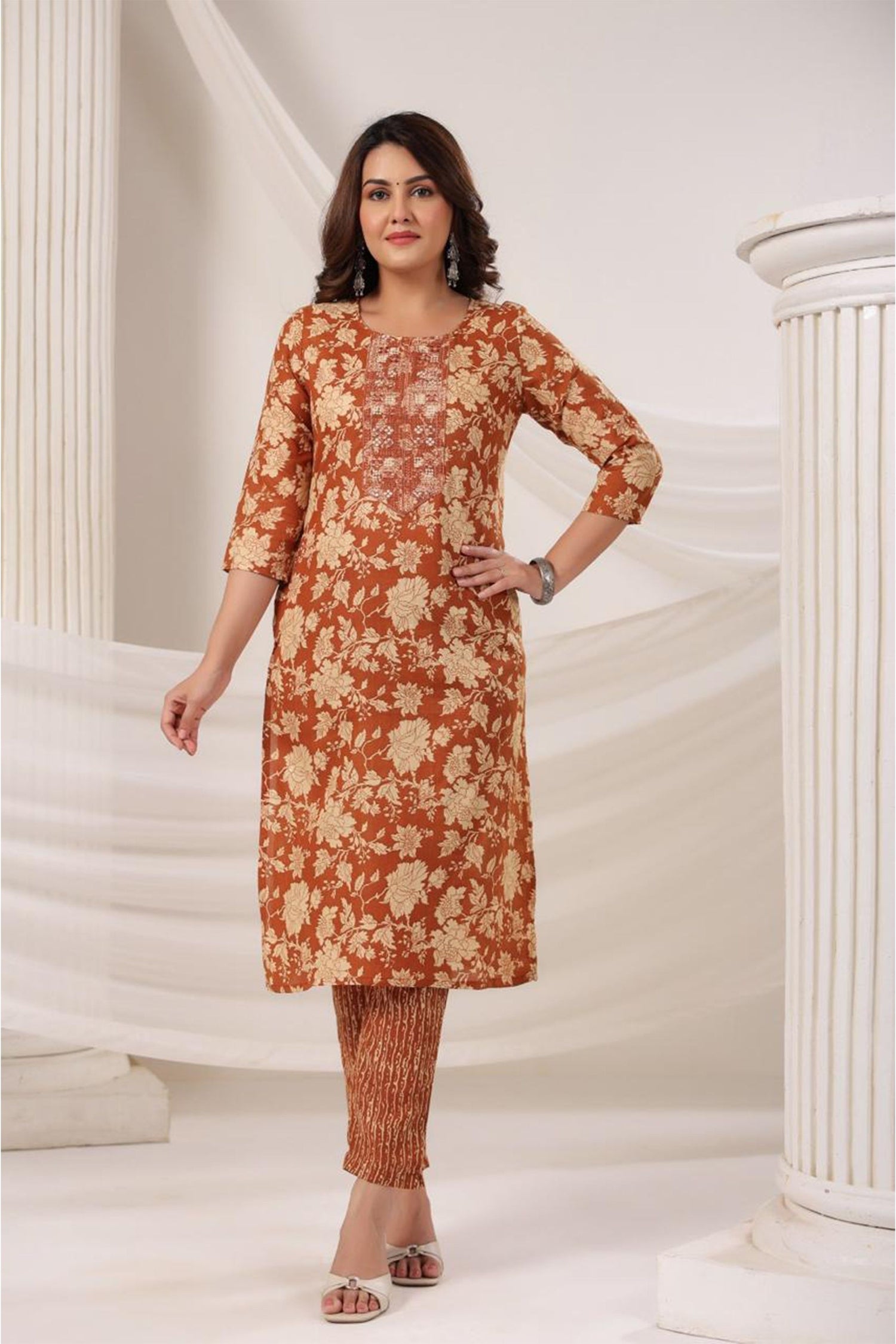 Women Elegant Floral Print Kurta Set with Dupatta | Straight Fit Ethnic Wear | 3 Piece Suit Set for Festive & Casual
