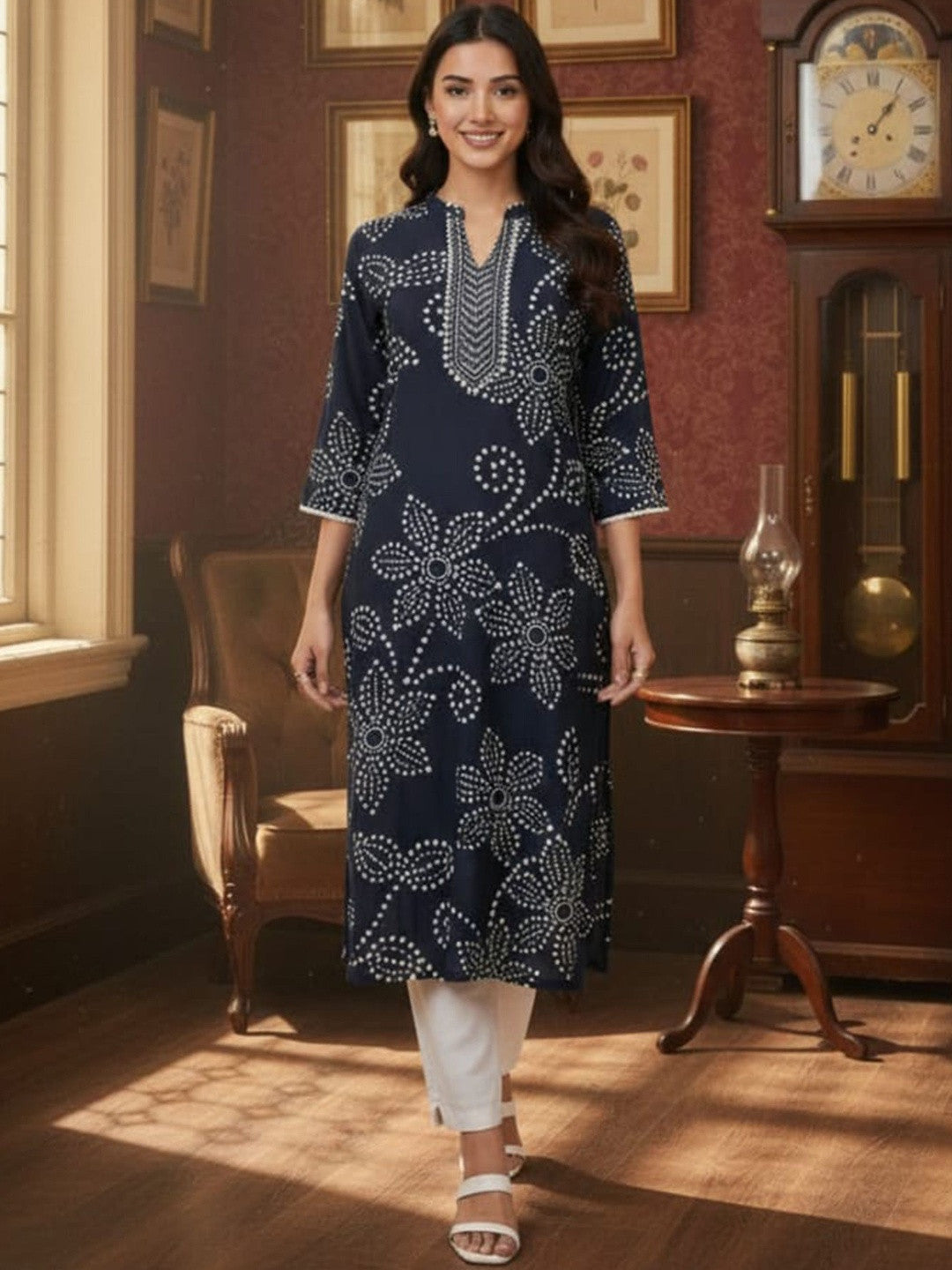 Bandhani Printed V-Neck Pure Cotton Kurti