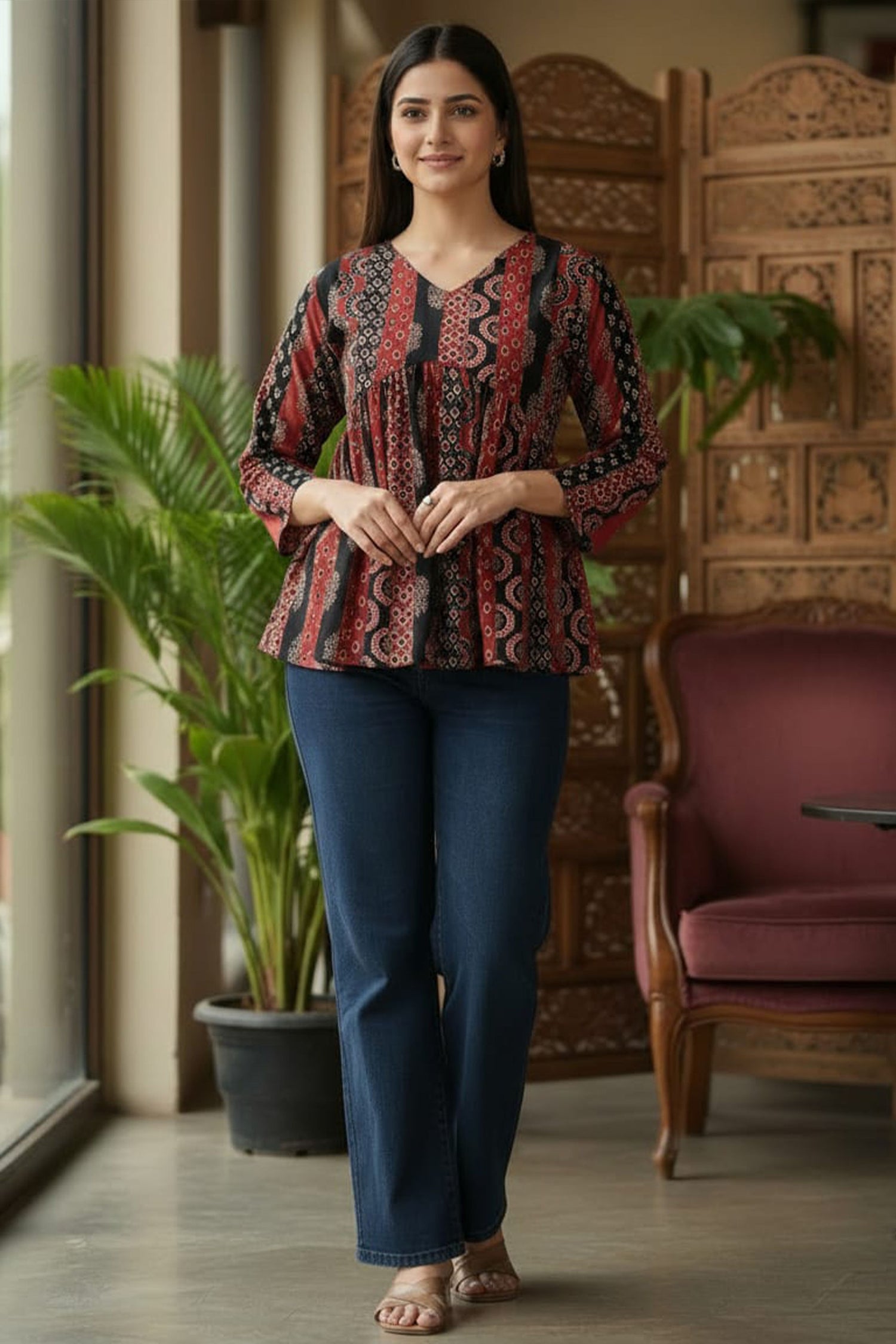 Maroon & Black Printed Short Top