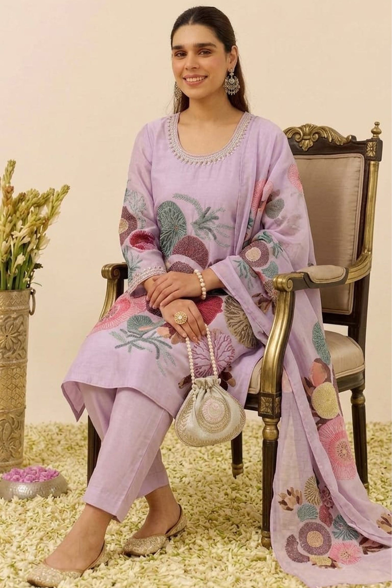 “Lavender Floral 3-Piece Kurta Pant Dupatta Set | Straight Fit”