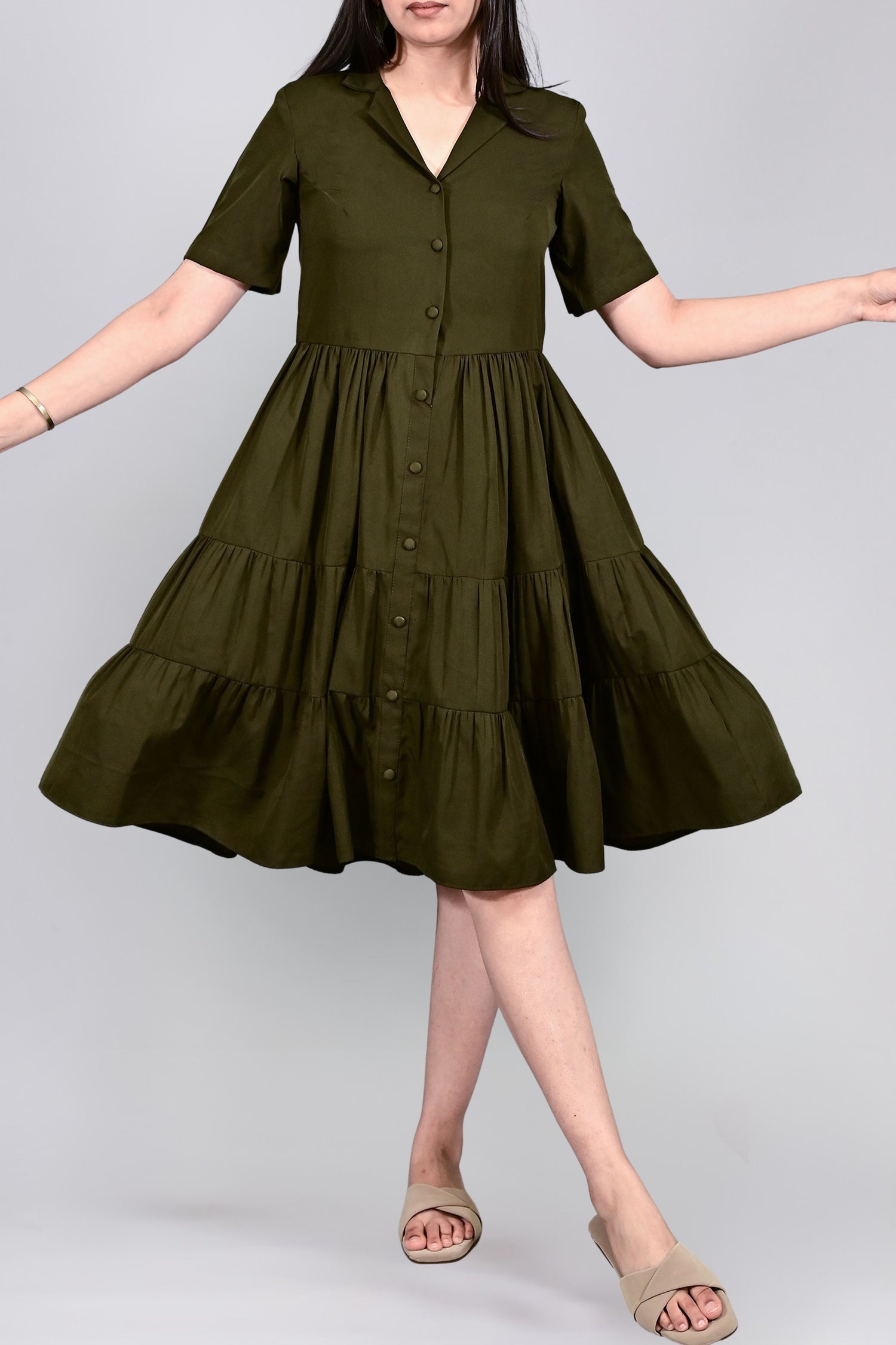 Olive Breeze Tiered Shirt Dress