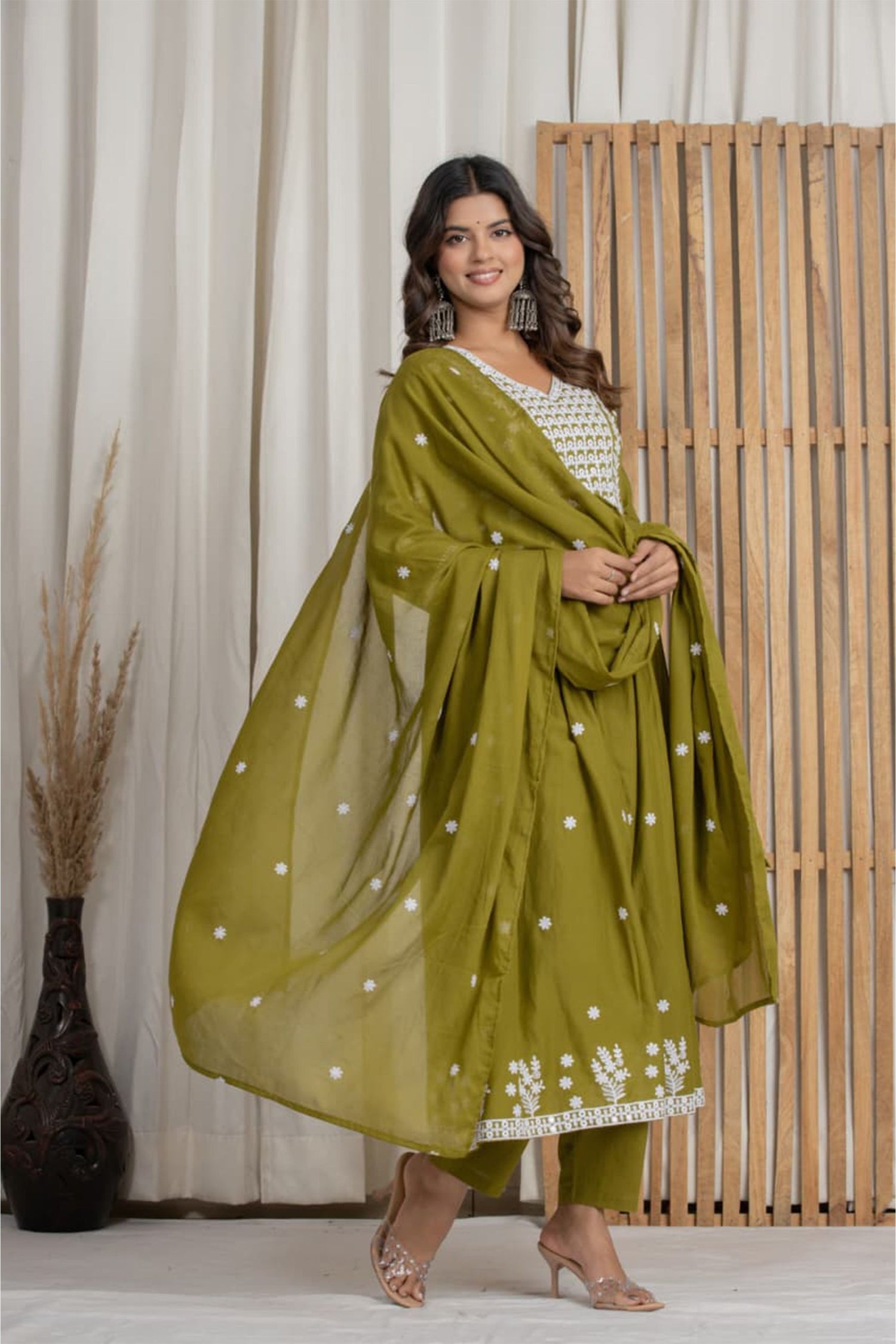 Women Olive Green Cotton Kurta Set with Dupatta