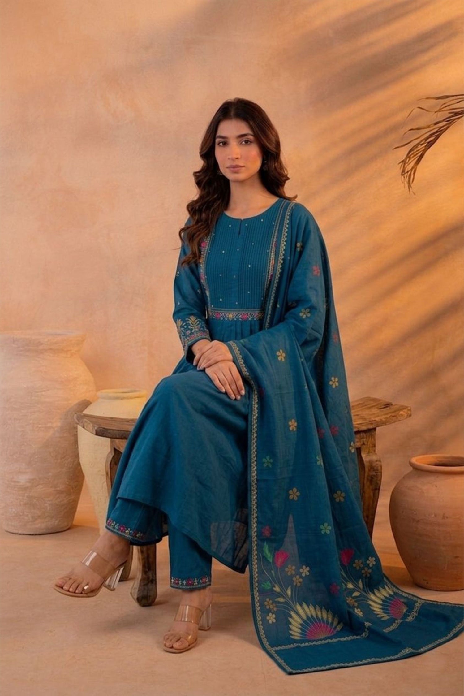 Women Teal Blue Embroidered Kurta Set with Dupatta