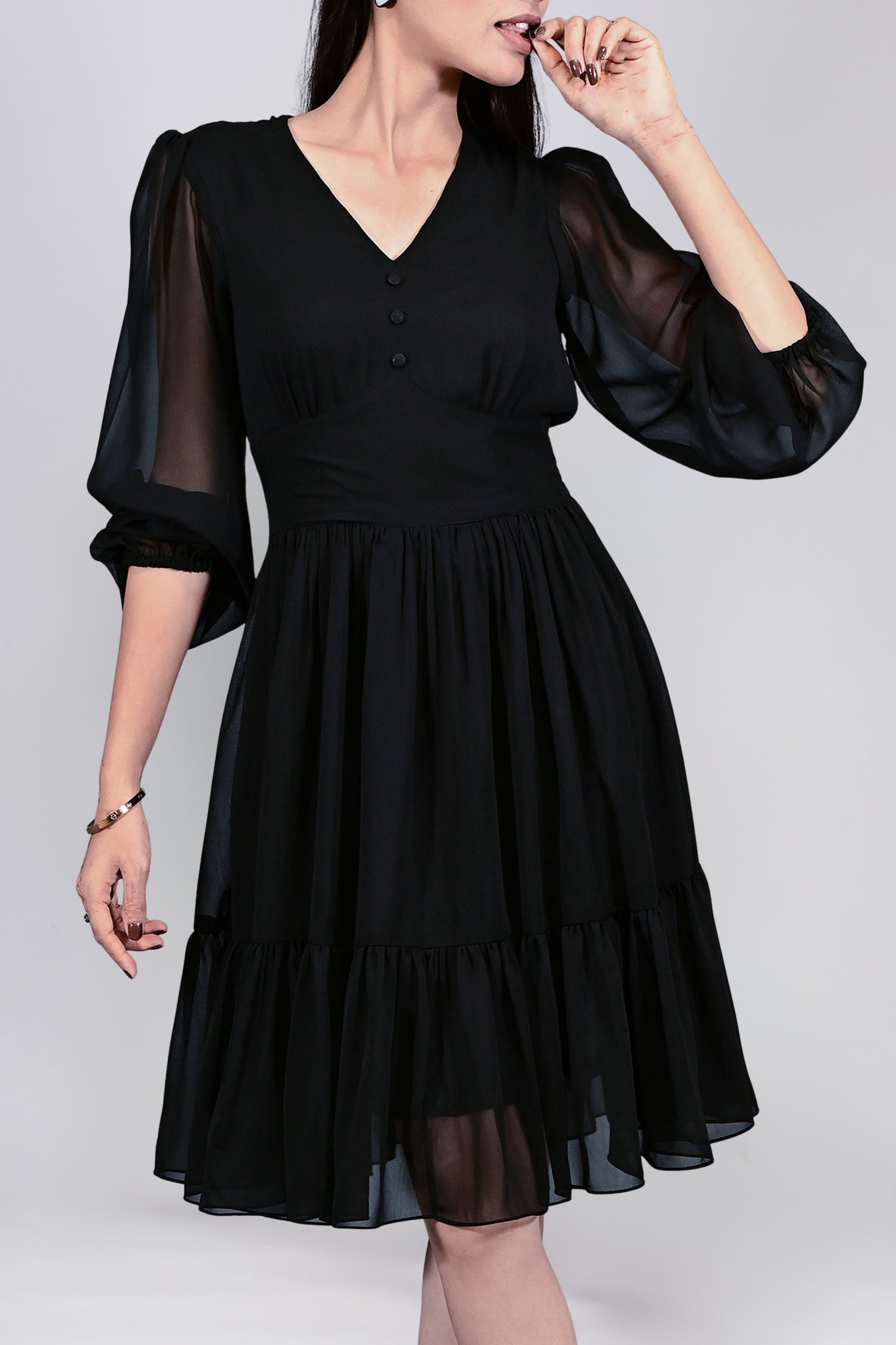 Georgette Puff Sleeves Fit and Flare Midi Black Dress