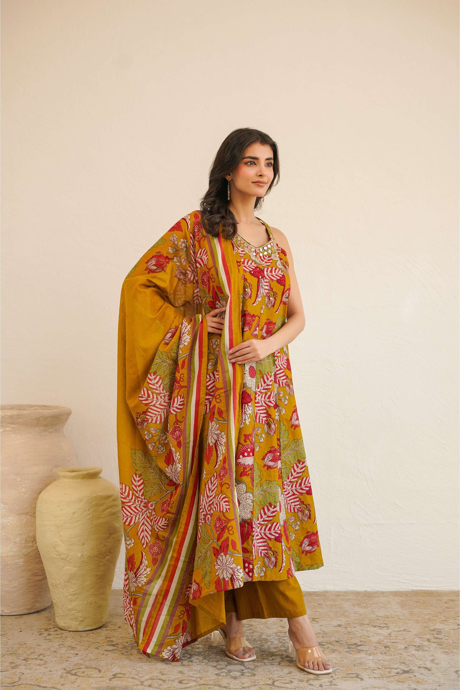 Women Sleeveless Floral Printed Anarkali Kurta Set with Dupatta | Flared Kurta Pant Set | Ethnic Wear for Women