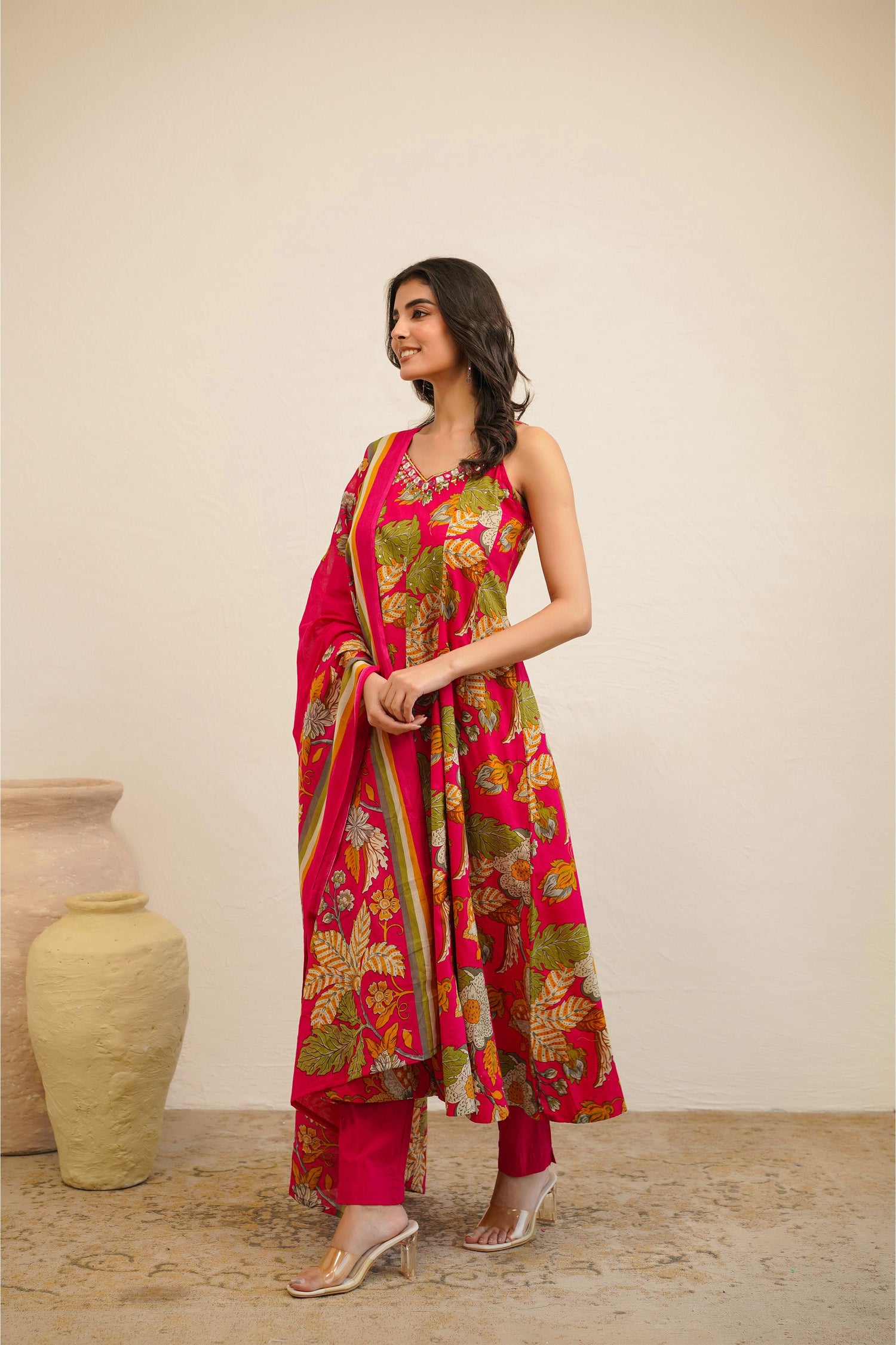 Women Sleeveless Floral Printed Anarkali Kurta Set with Dupatta | Flared Kurta Pant Set | Ethnic Wear for Women