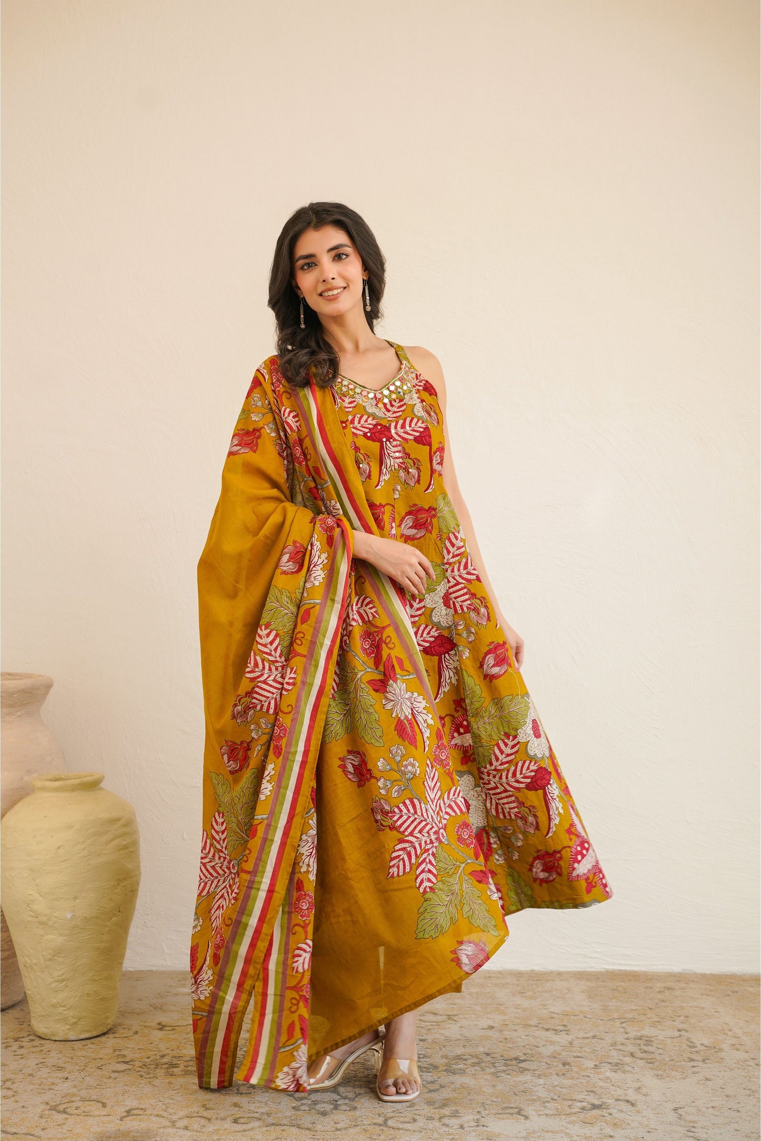 Women Sleeveless Floral Printed Anarkali Kurta Set with Dupatta | Flared Kurta Pant Set | Ethnic Wear for Women