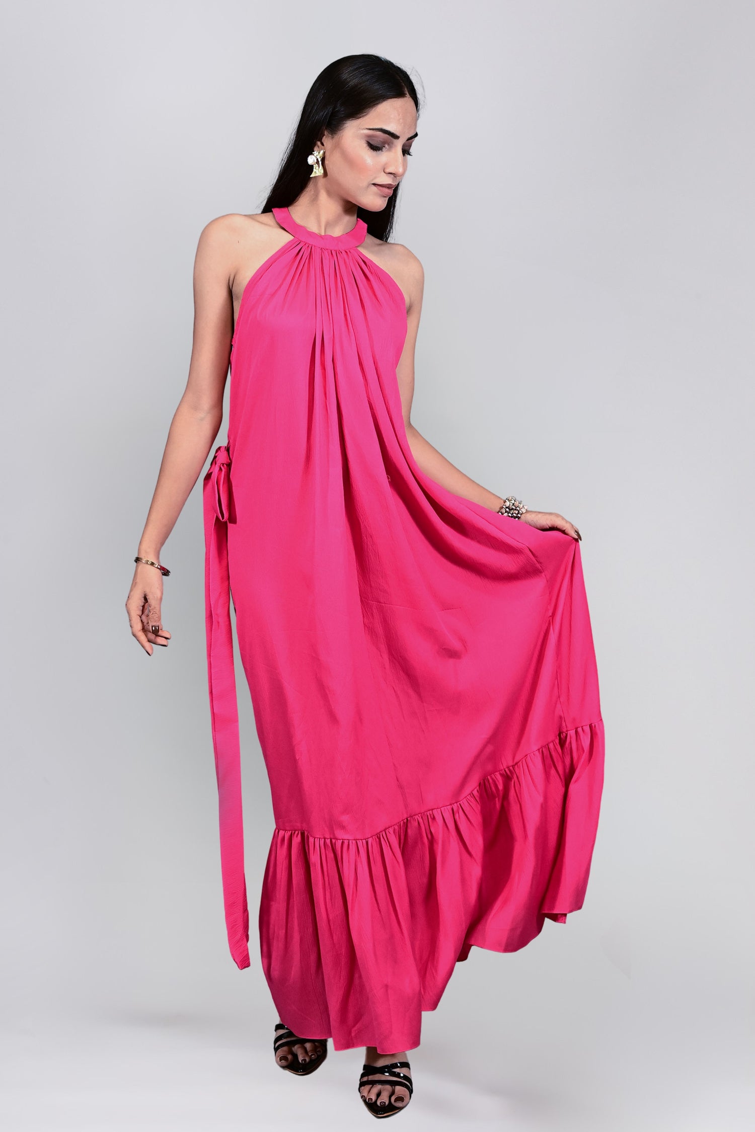 Fuchsia Bloom Halter Maxi Dress