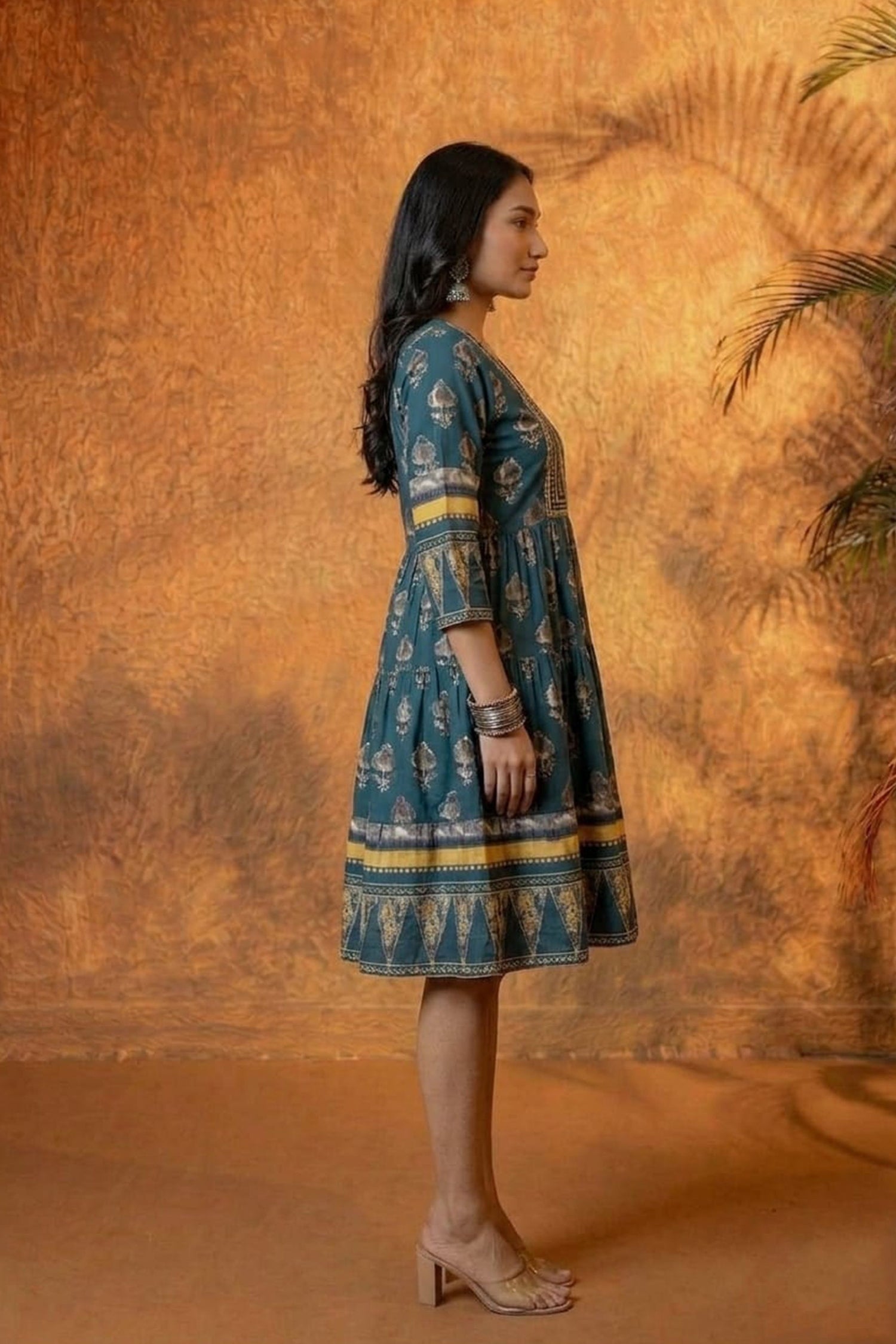 Women Ethnic Printed Fit & Flare Knee Length Dress | V-Neck Cotton Casual Fusion Dress