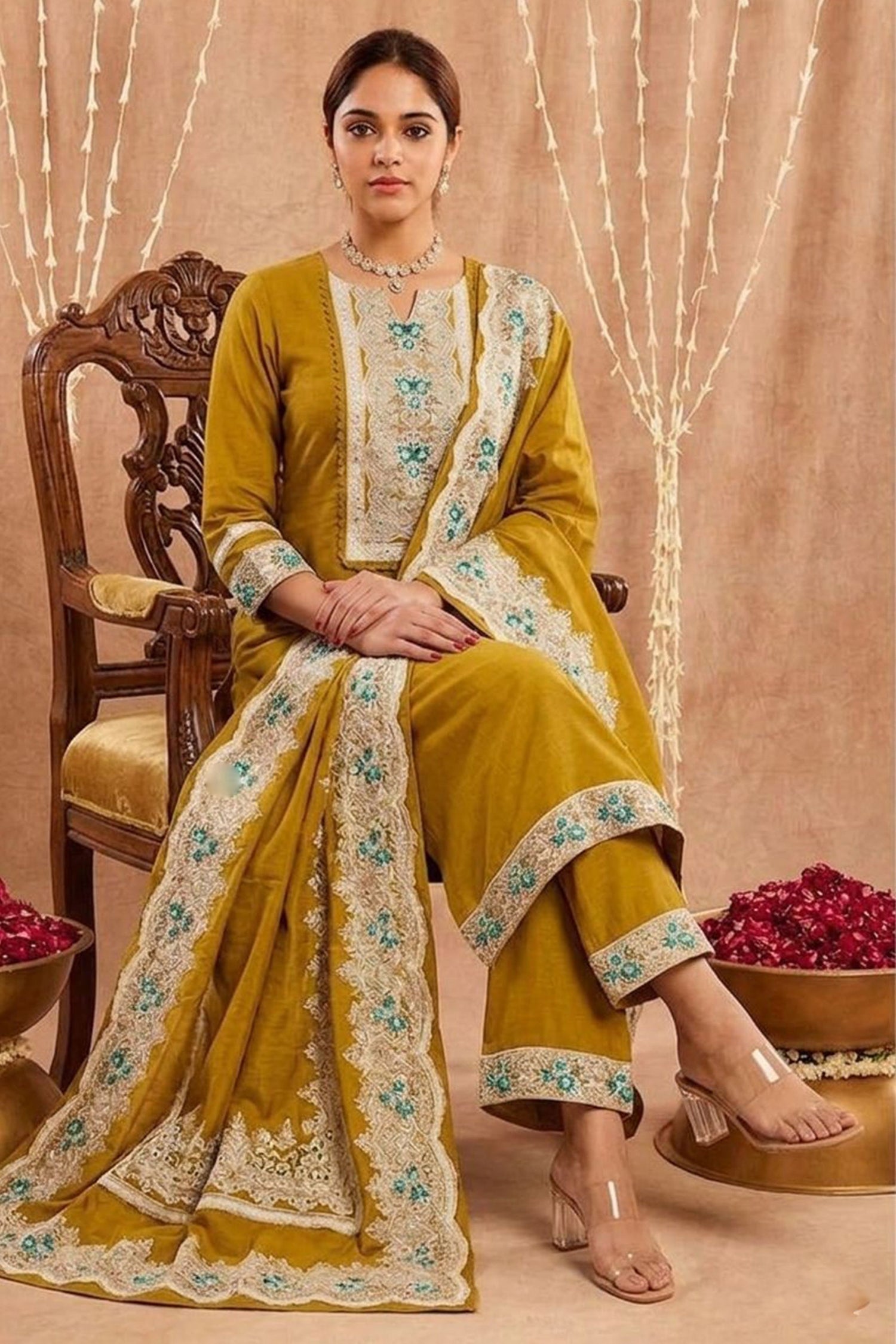 Women Embroidered Straight Kurta Pant Set with Dupatta