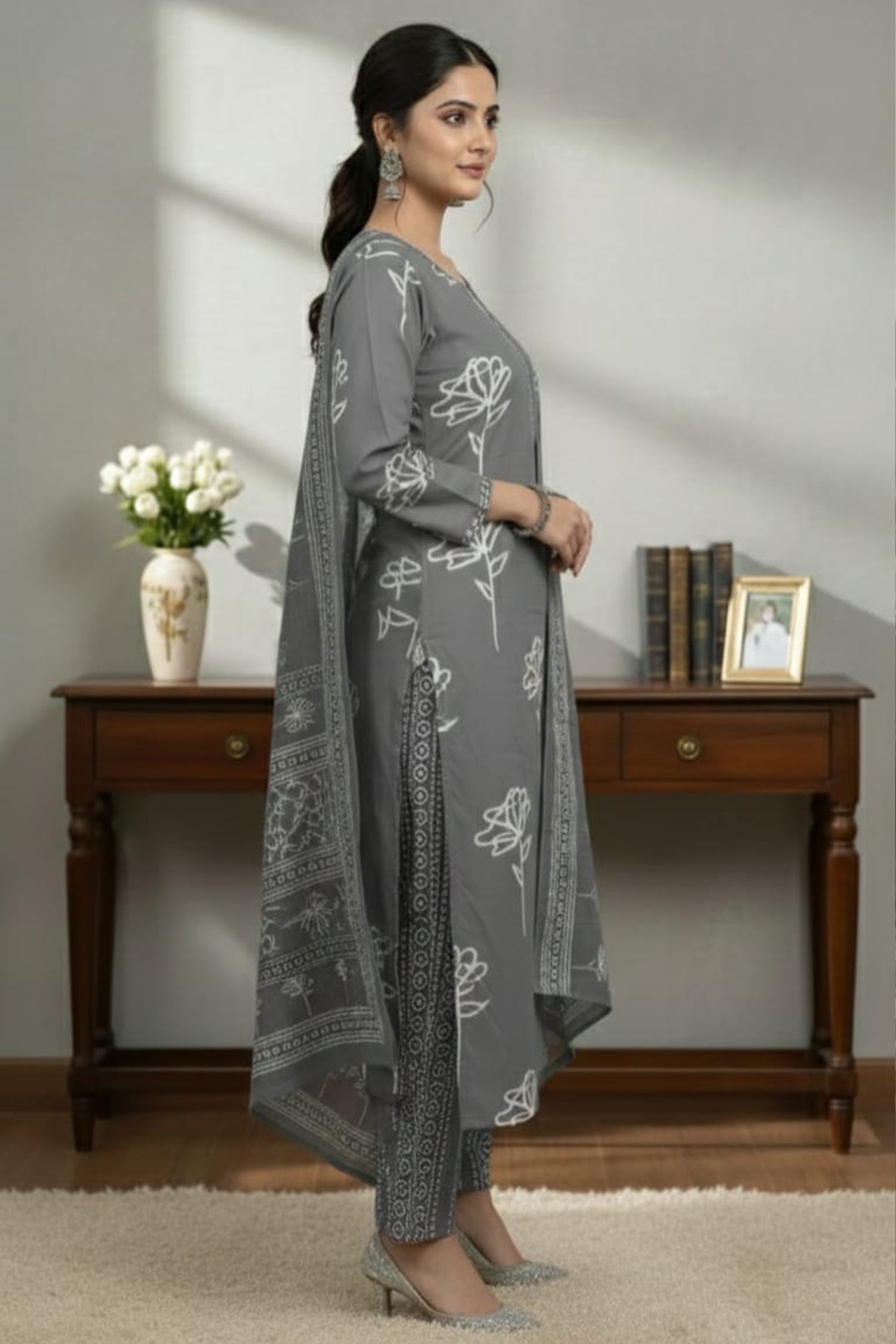 Grey & Mauve Printed Kurti Pant Set with Dupatta