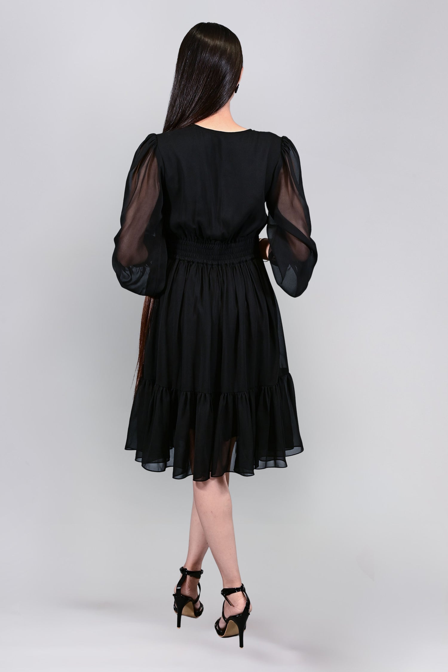 Georgette Puff Sleeves Fit and Flare Midi Black Dress