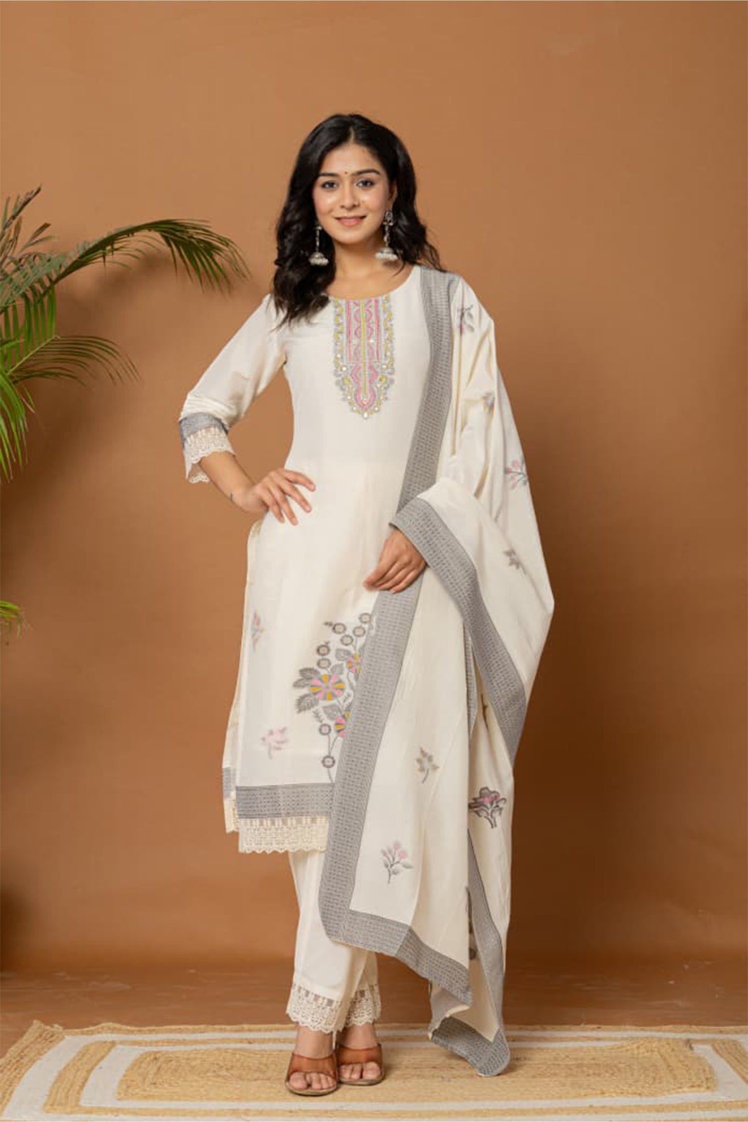 Women Off White Cotton Kurta Set with Dupatta
