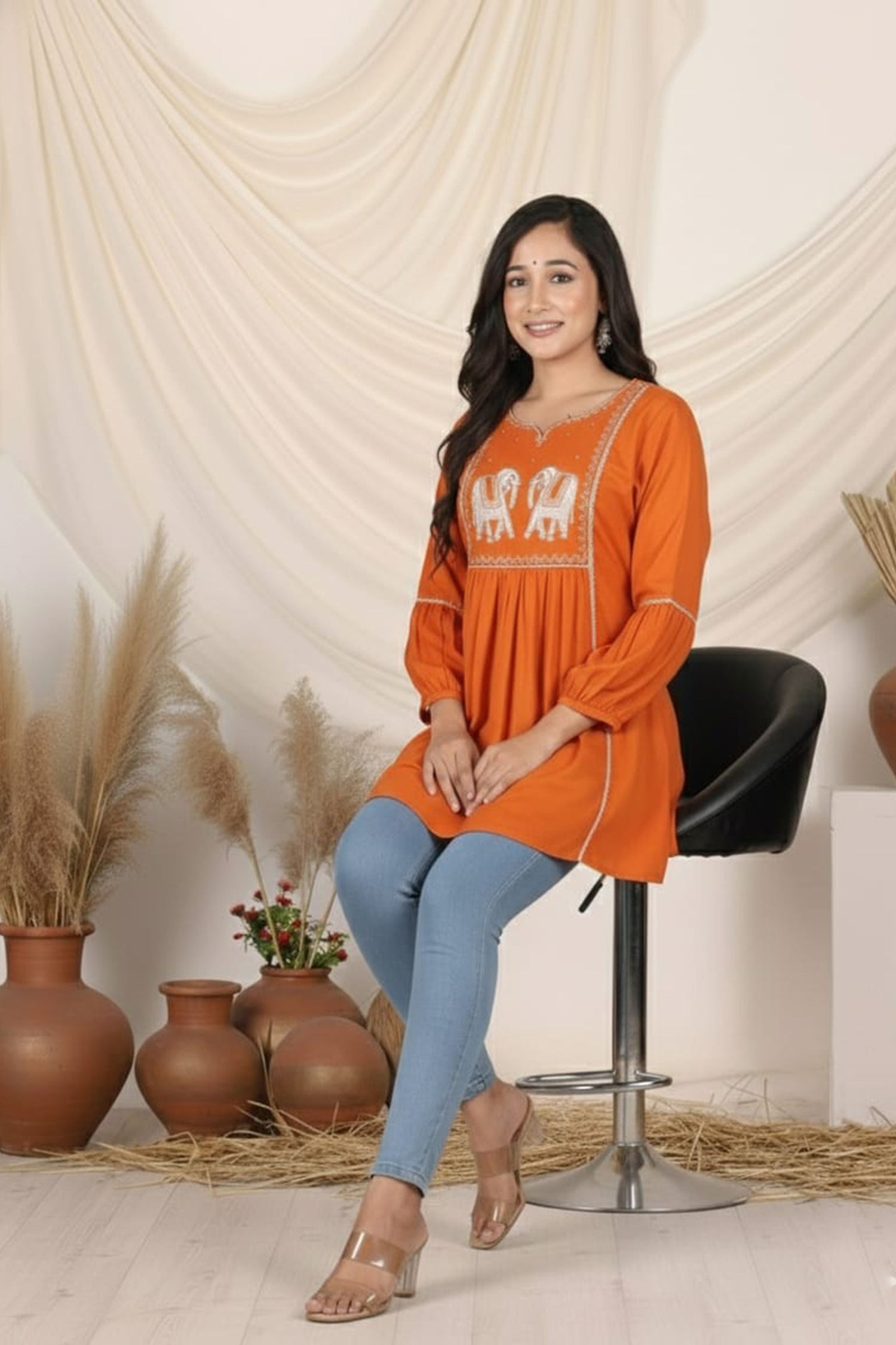 Royal Elephant Embroidered Flared Kurti for Women