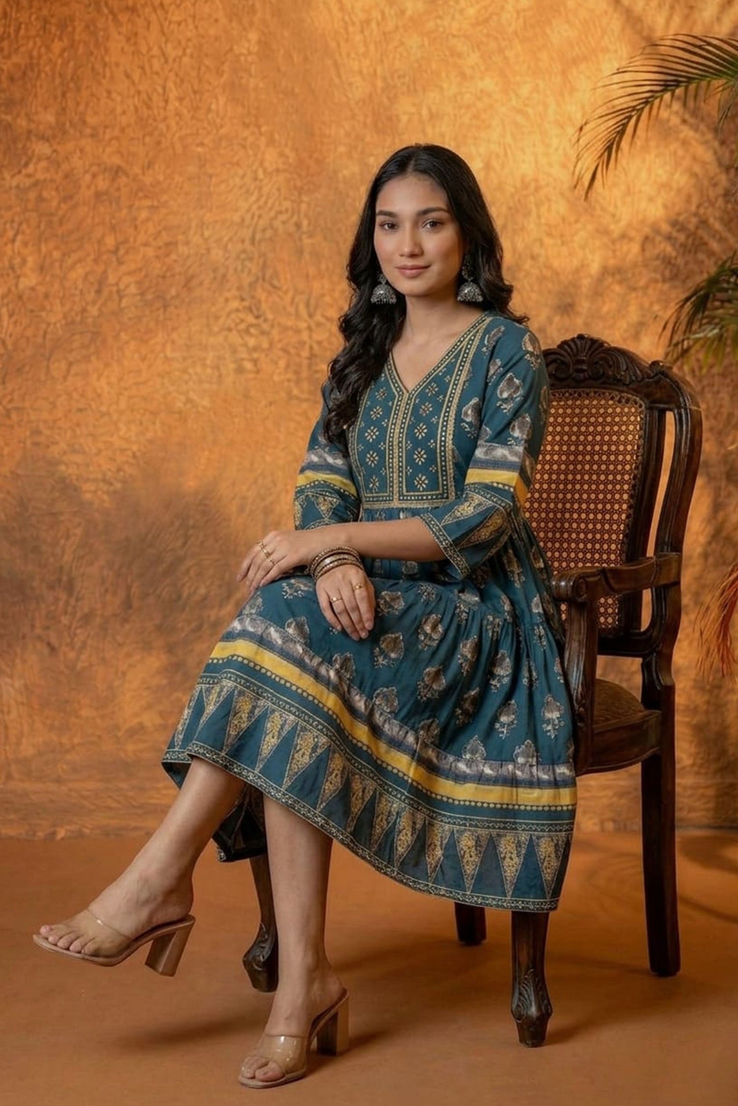 Women Ethnic Printed Fit & Flare Knee Length Dress | V-Neck Cotton Casual Fusion Dress