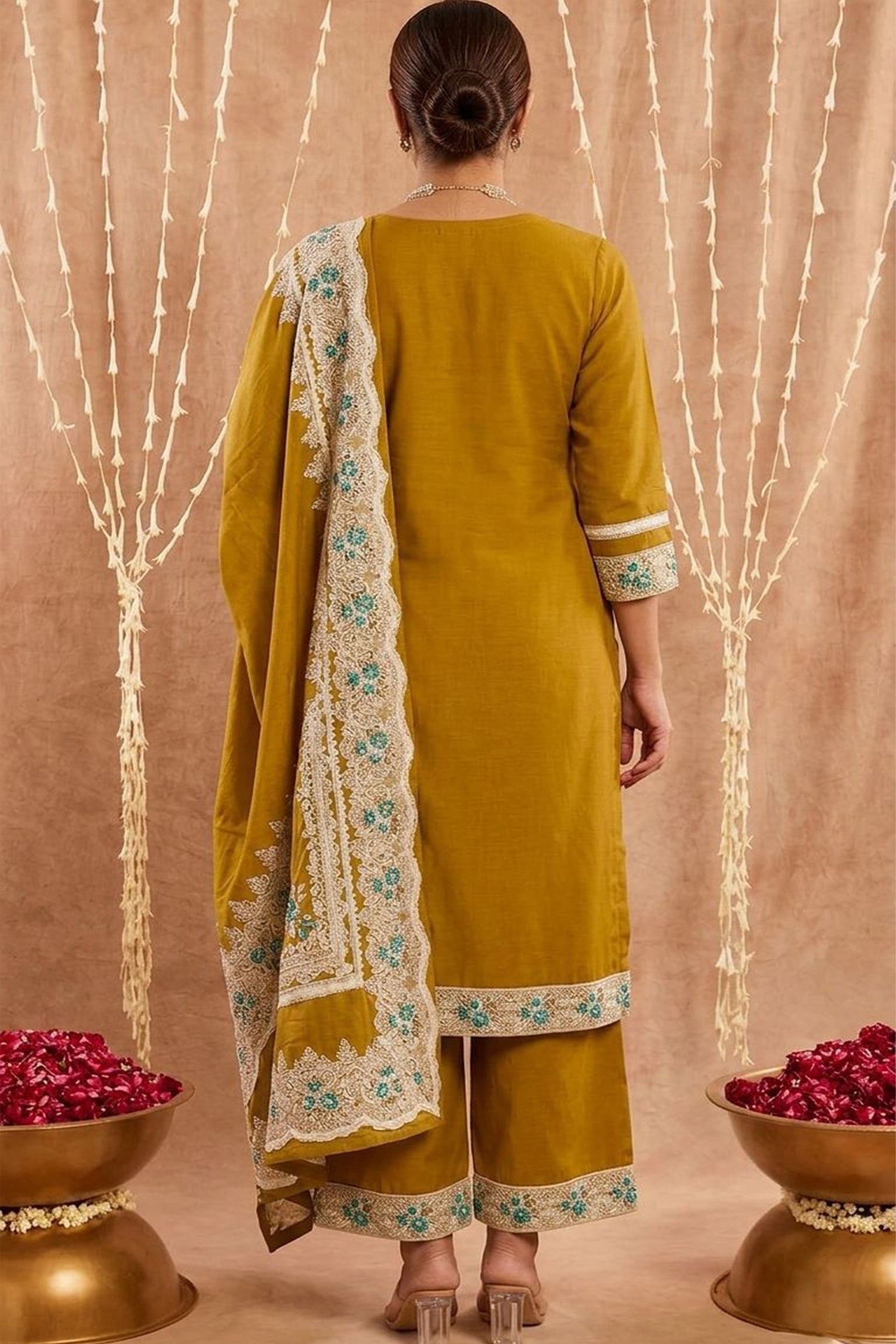 Women Embroidered Straight Kurta Pant Set with Dupatta
