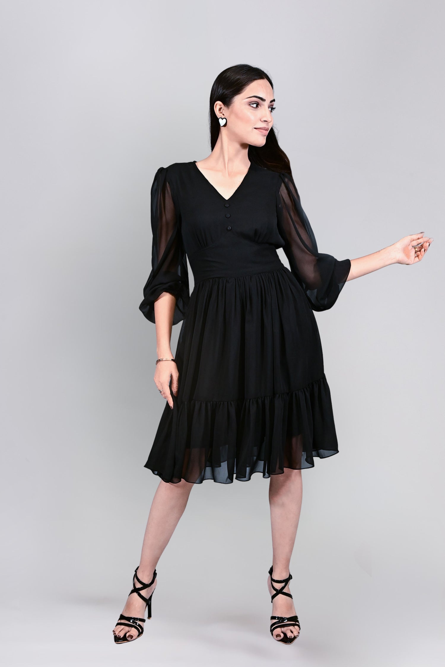 Georgette Puff Sleeves Fit and Flare Midi Black Dress