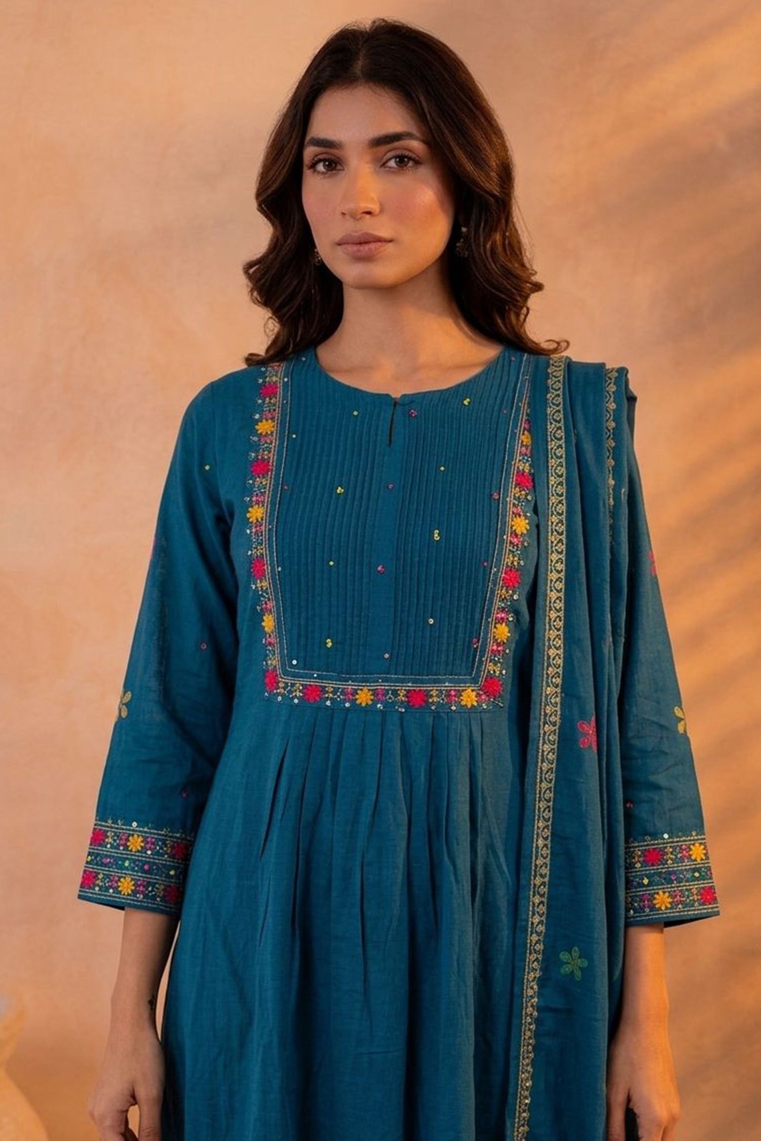 Women Teal Blue Embroidered Kurta Set with Dupatta | Ethnic Cotton Blend Kurta Pant Set for Festive, Casual & Office Wear