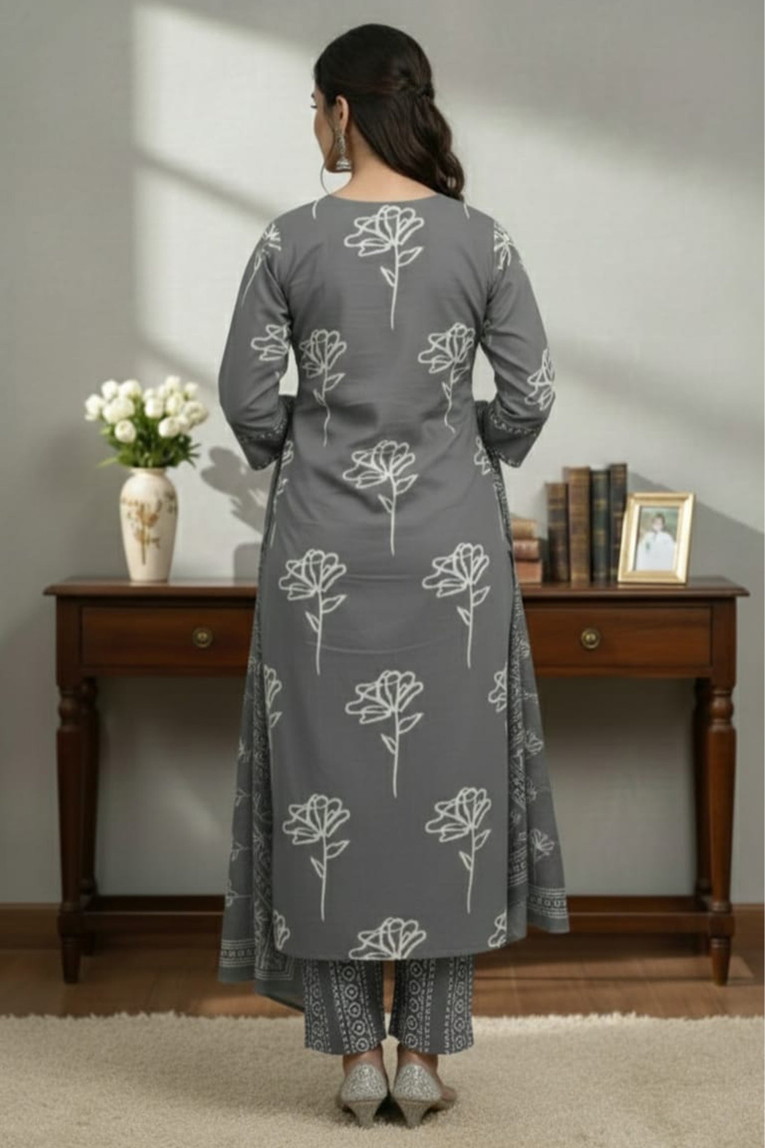 Grey & Mauve Printed Kurti Pant Set with Dupatta