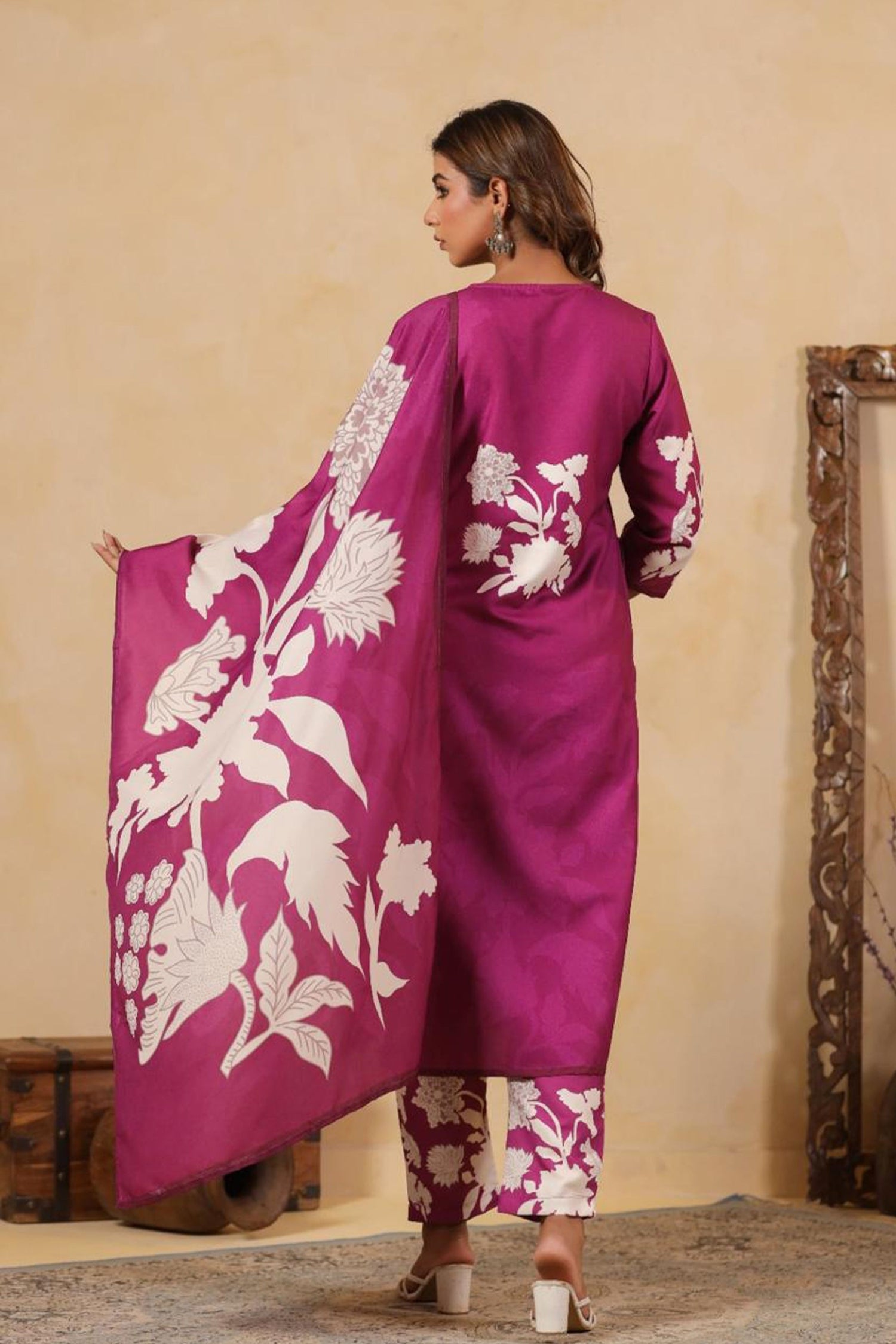 Women Magenta Floral Printed Kurta Set with Dupatta | Straight Fit Kurta Pant Set | Ethnic Wear for Women