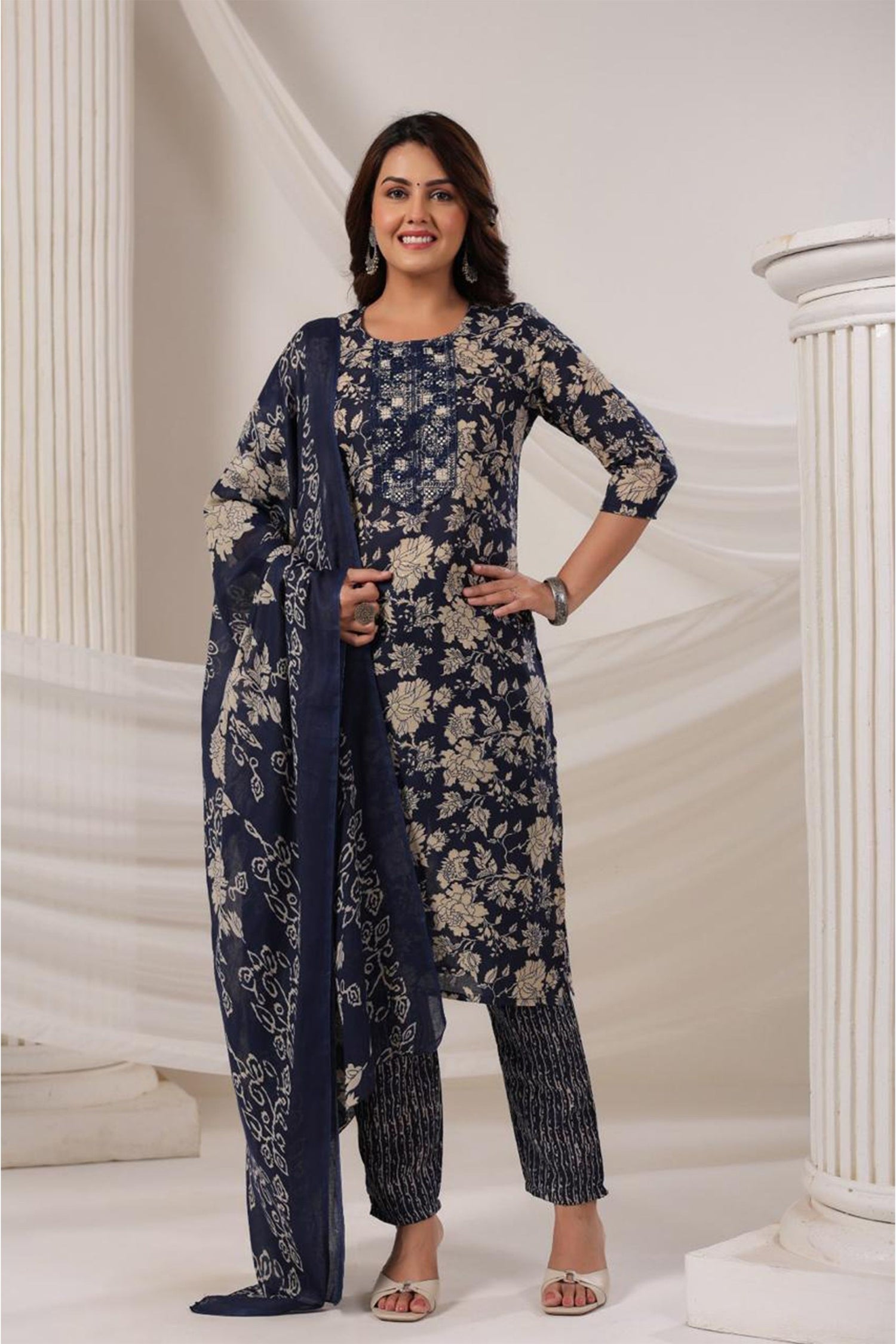 Women Elegant Floral Print Kurta Set with Dupatta | Straight Fit Ethnic Wear | 3 Piece Suit Set for Festive & Casual