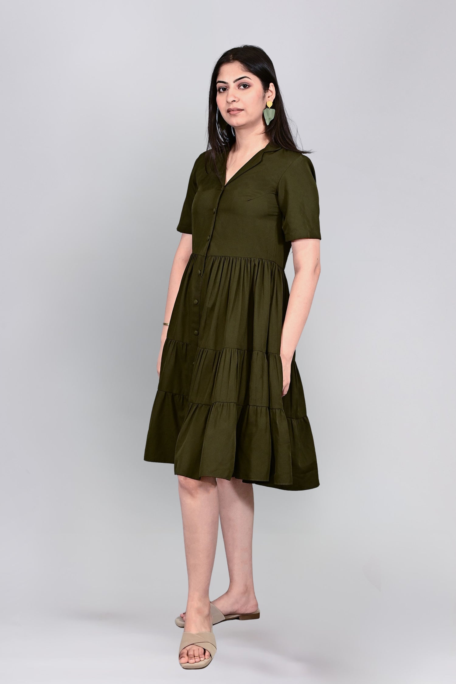 Olive Breeze Tiered Shirt Dress