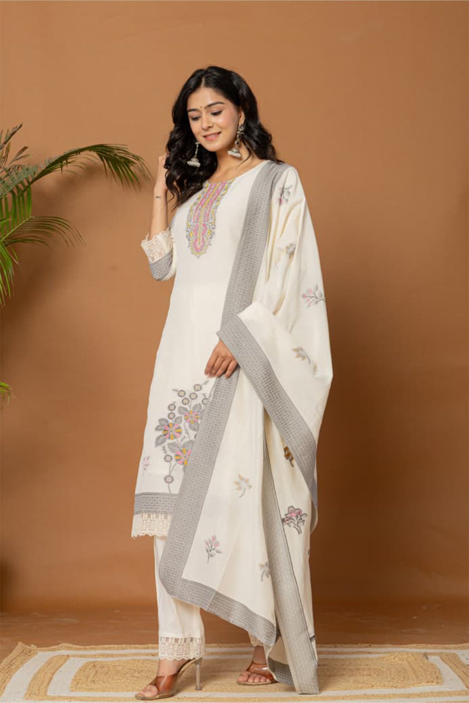 Women Off White Cotton Kurta Set with Dupatta