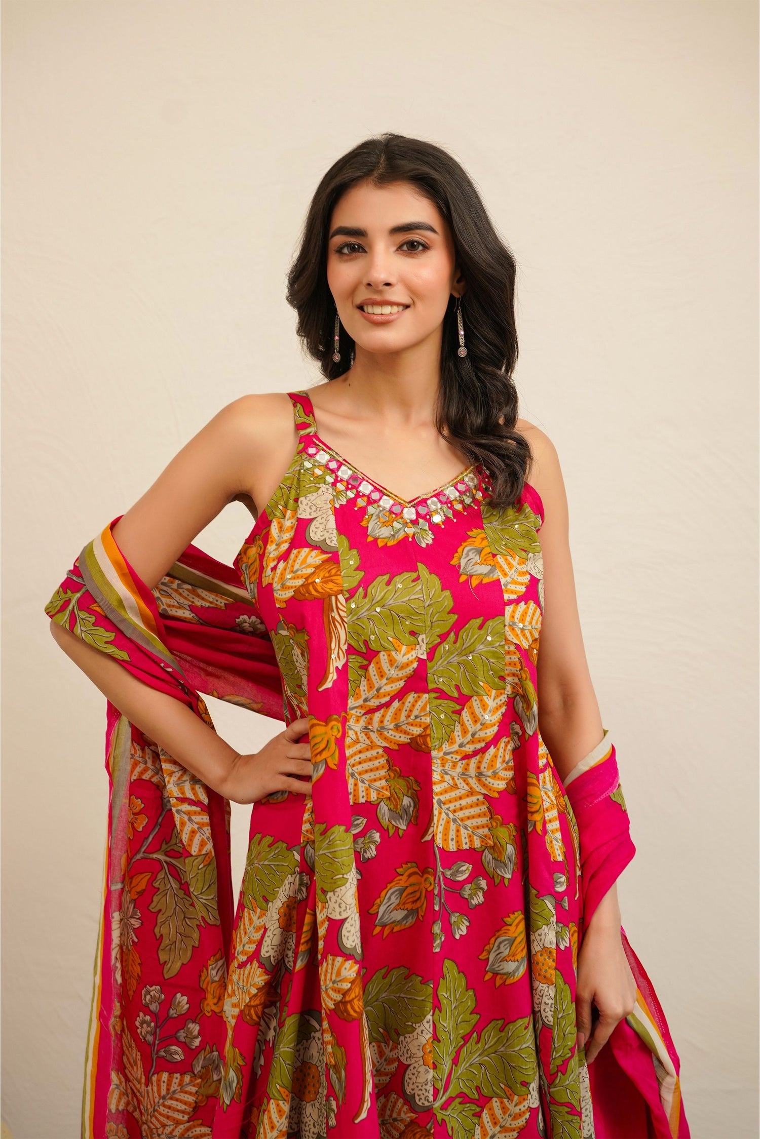 Women Sleeveless Floral Printed Anarkali Kurta Set with Dupatta | Flared Kurta Pant Set | Ethnic Wear for Women