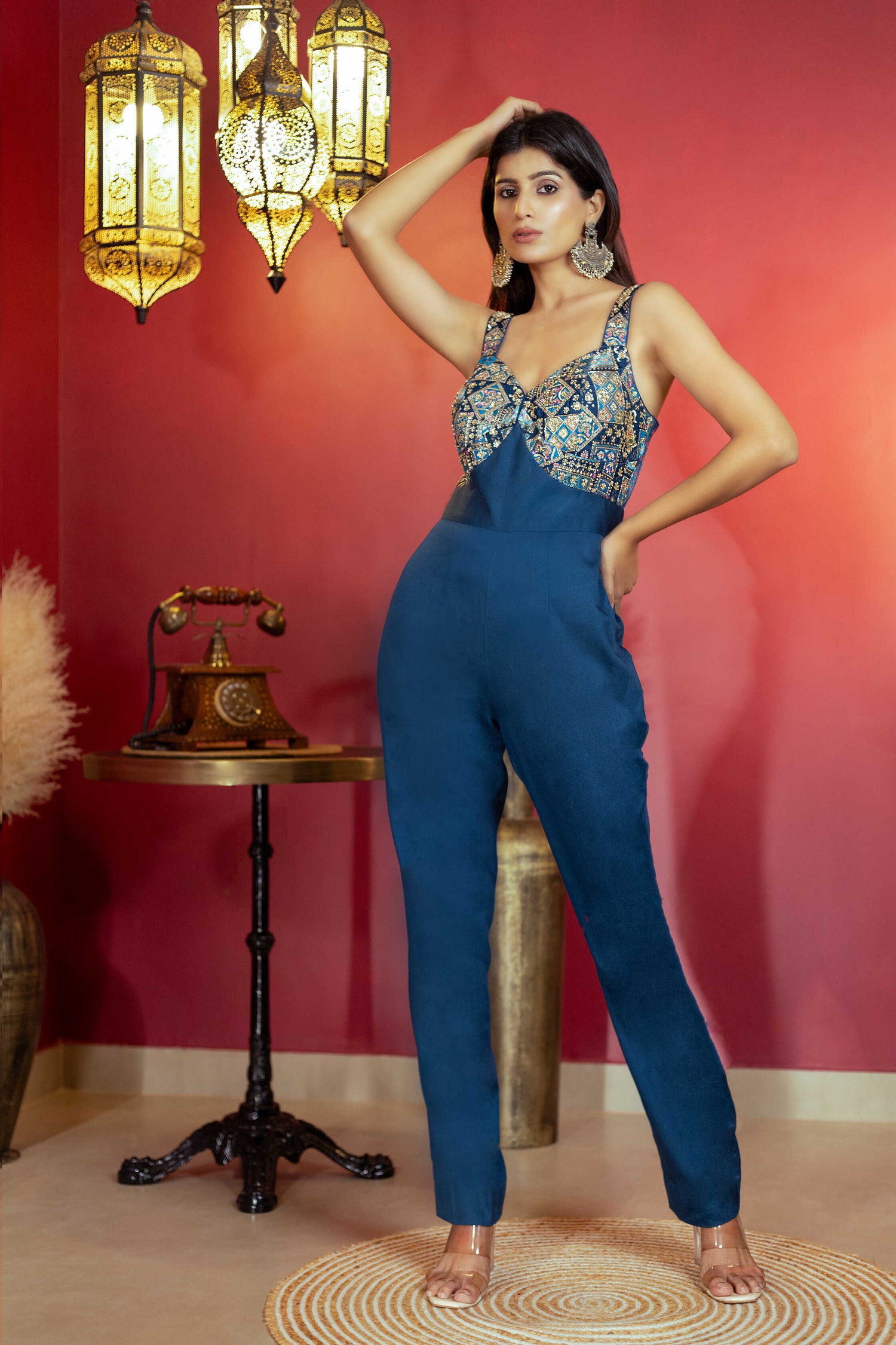 Blue Banarasi Brocade Jumpsuit with Hand Embroidery-1