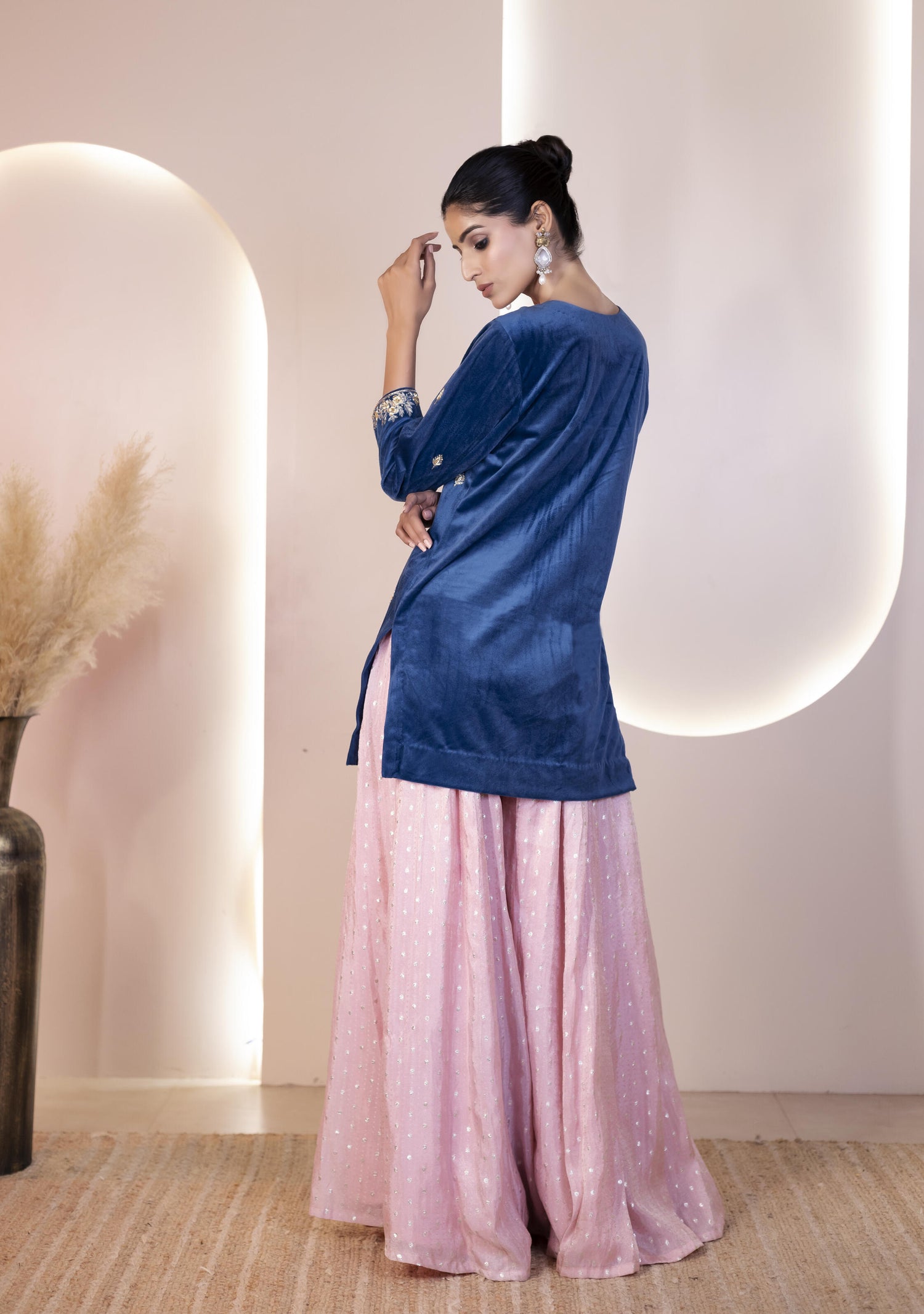 Blue Velvet Kurta with Georgette Tissue Skirt and Organza Dupatta