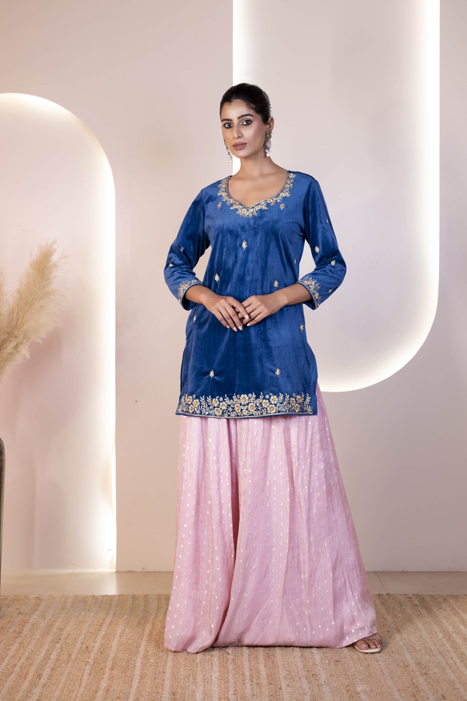 Blue Velvet Kurta with Georgette Tissue Skirt and Organza Dupatta