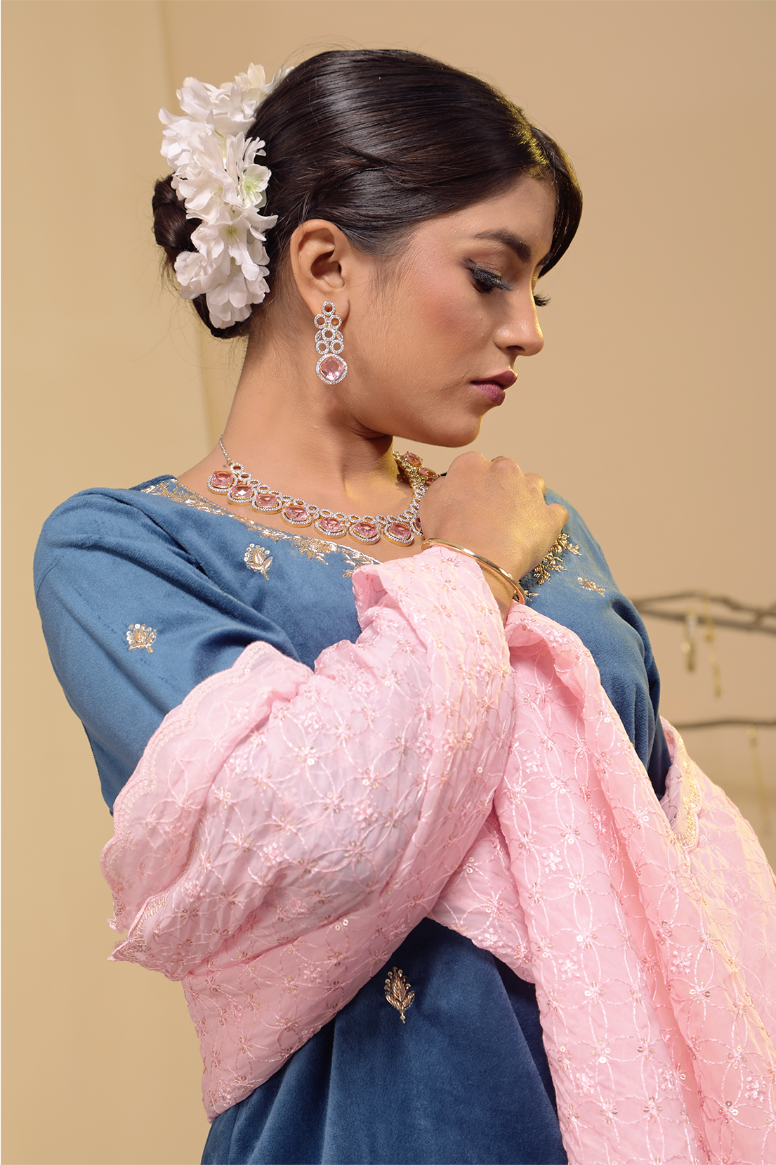 Blue Velvet Kurta with Georgette Tissue Skirt and Organza Dupatta