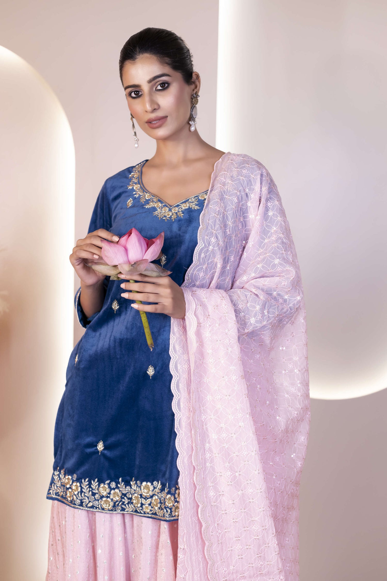 Blue Velvet Kurta with Georgette Tissue Skirt and Organza Dupatta