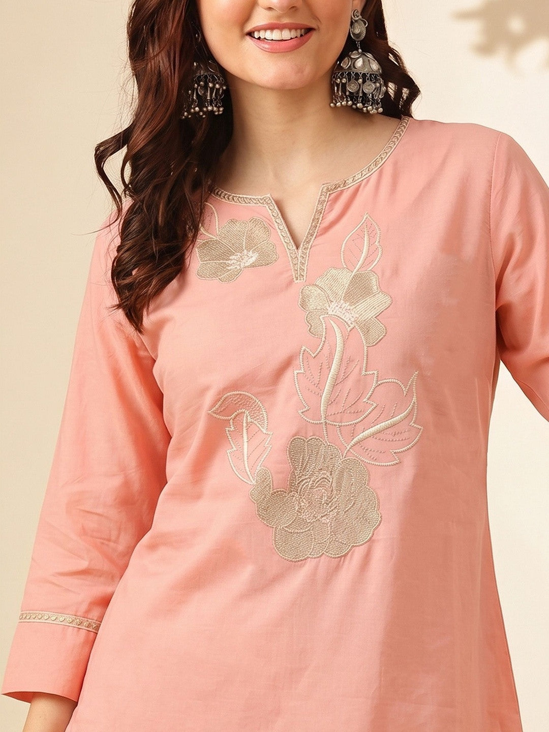 Floral Embroidered V-Neck Kurti