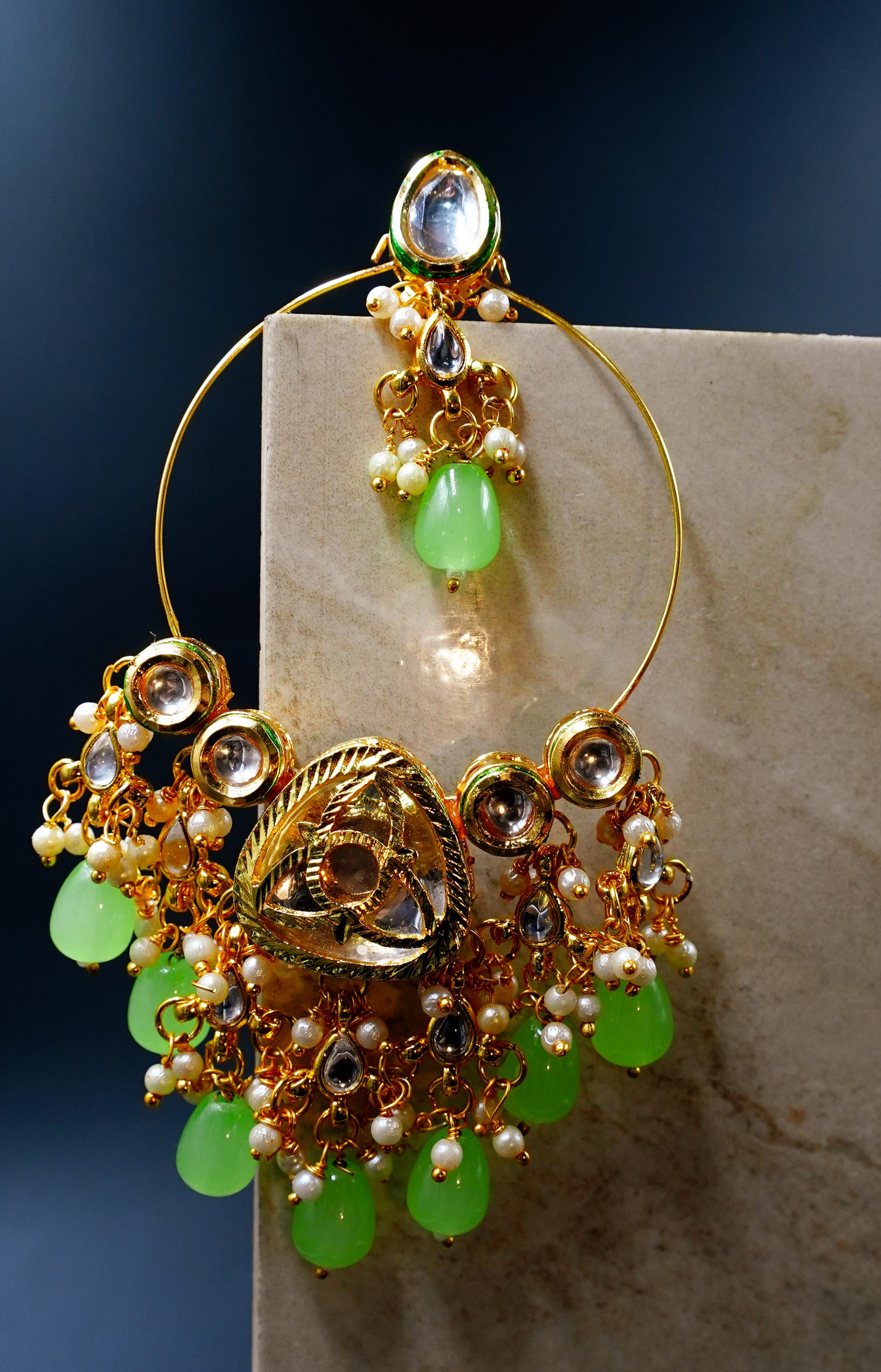 Gold Plated Kundan Hoop Earrings with Green Beads & Pearls