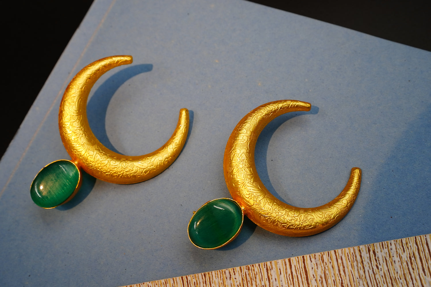 Gold Plated Crescent Moon Earrings with Green Stone
