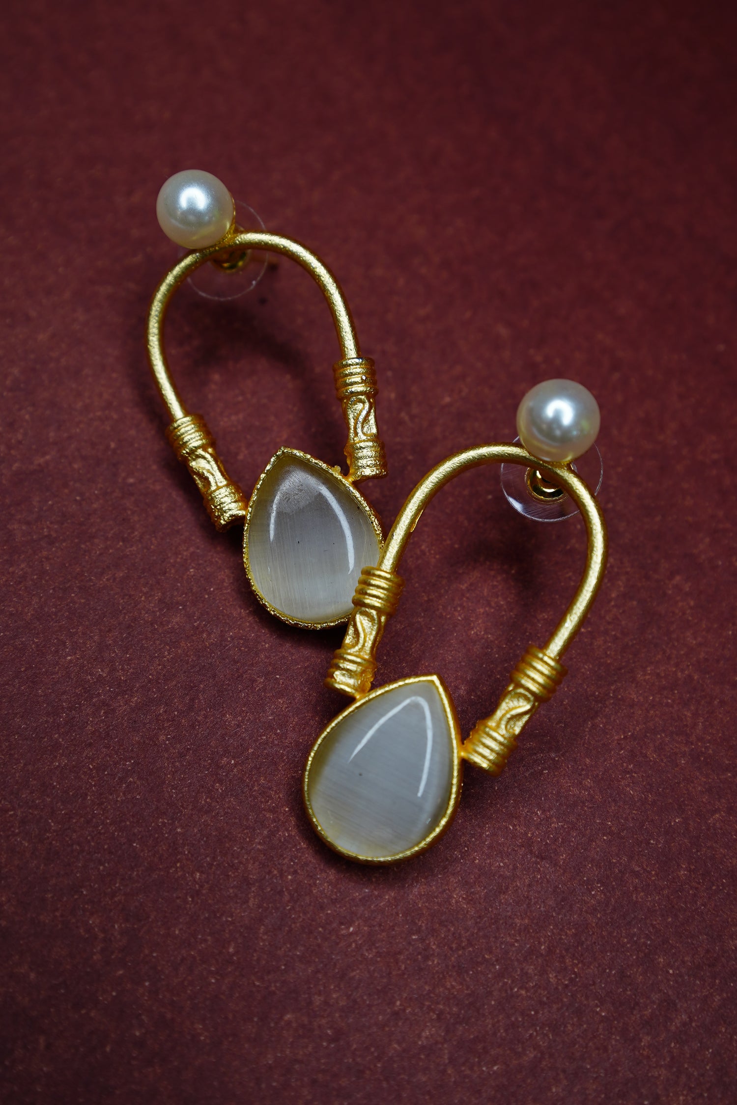 Gold Plated Pearl & White Stone Drop Earrings for Women