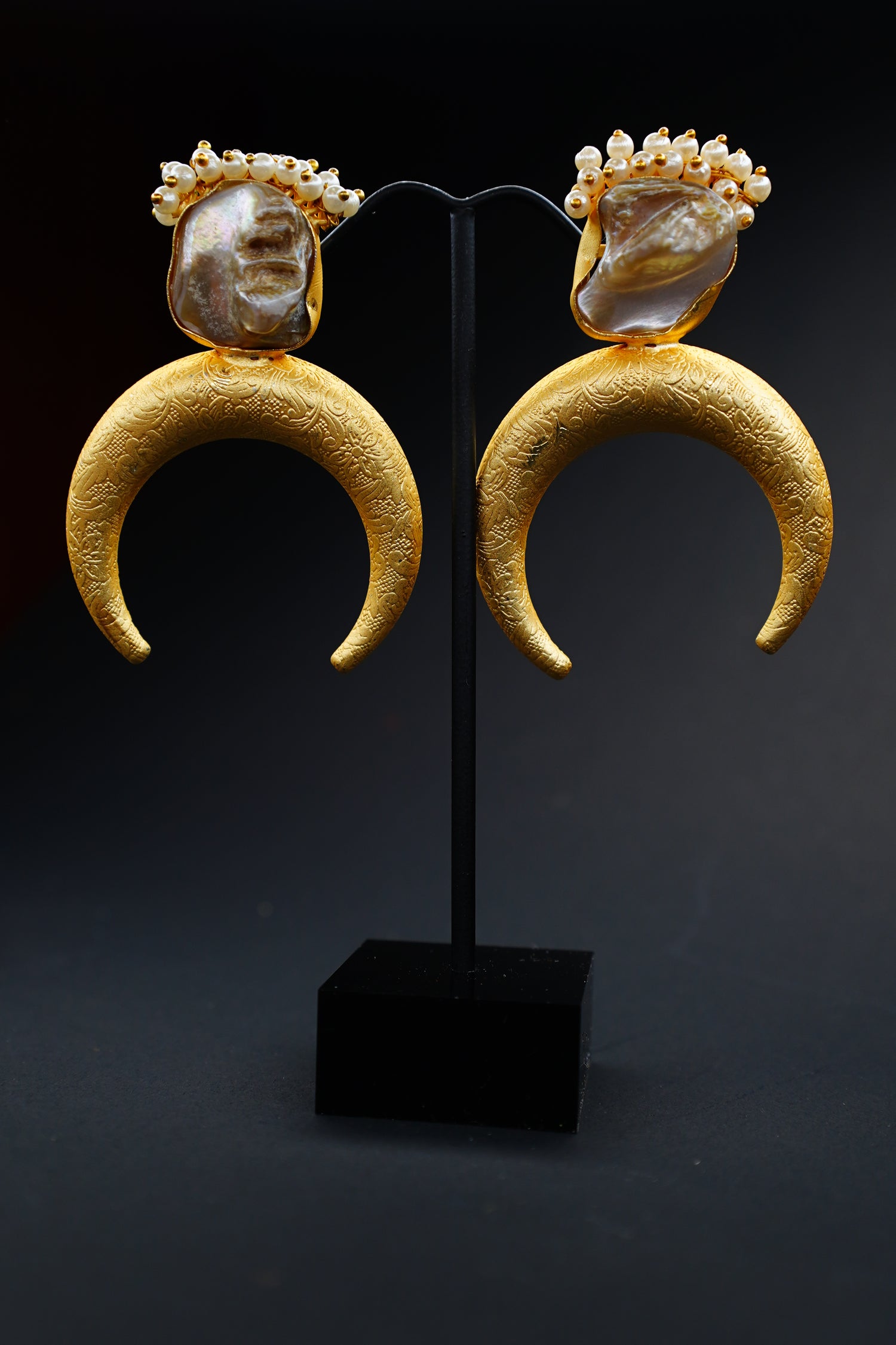 Gold Plated Crescent Hoop Earrings with Baroque Pearl & Beads