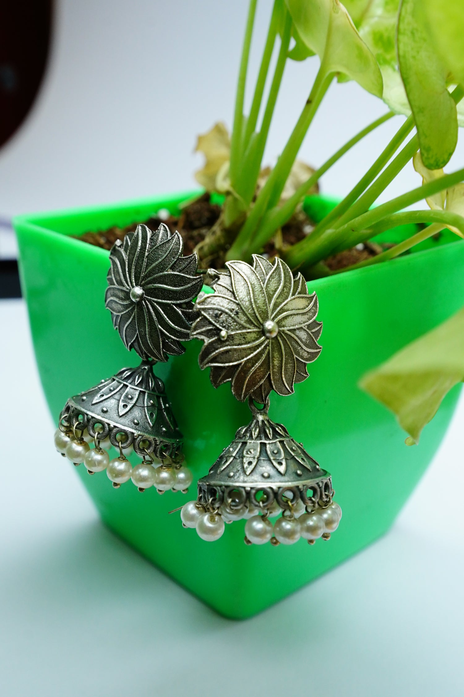 Oxidized Silver Floral Jhumka Earrings with Pearl Drops