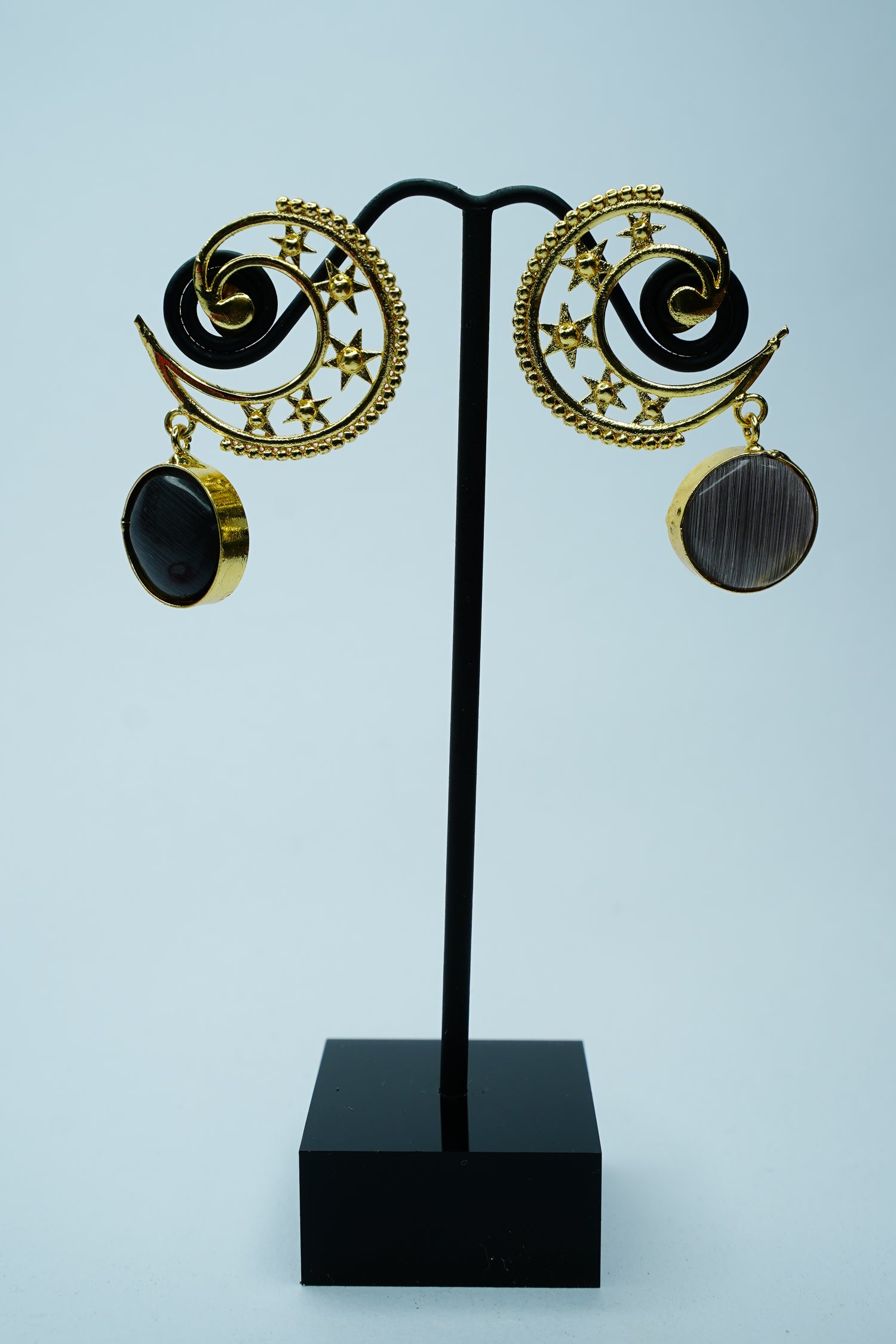 Gold Plated Celestial Spiral Earrings with Black Stone Drops