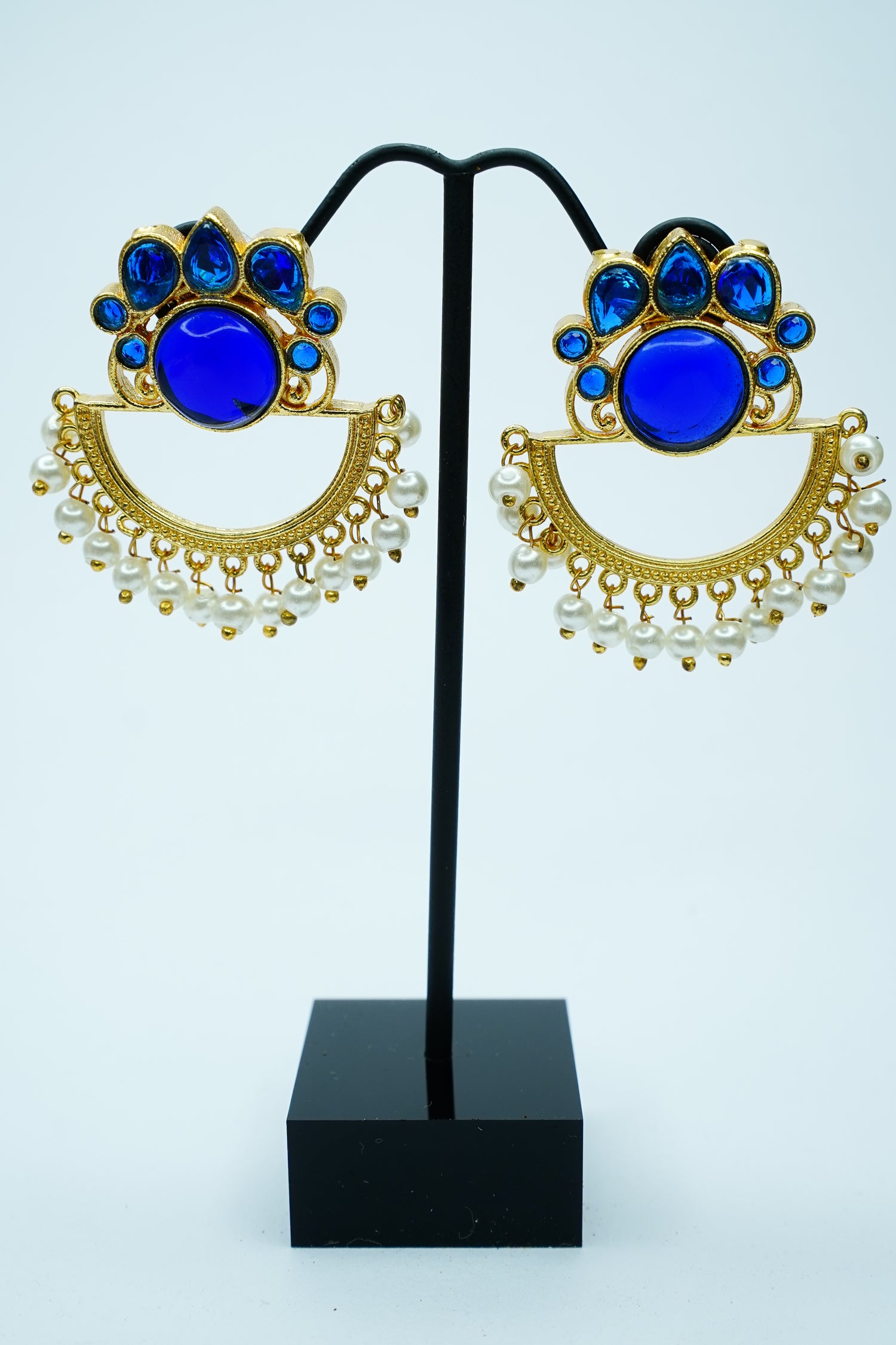 Royal Noor Blue Stone & Pearl Chandbali Earrings