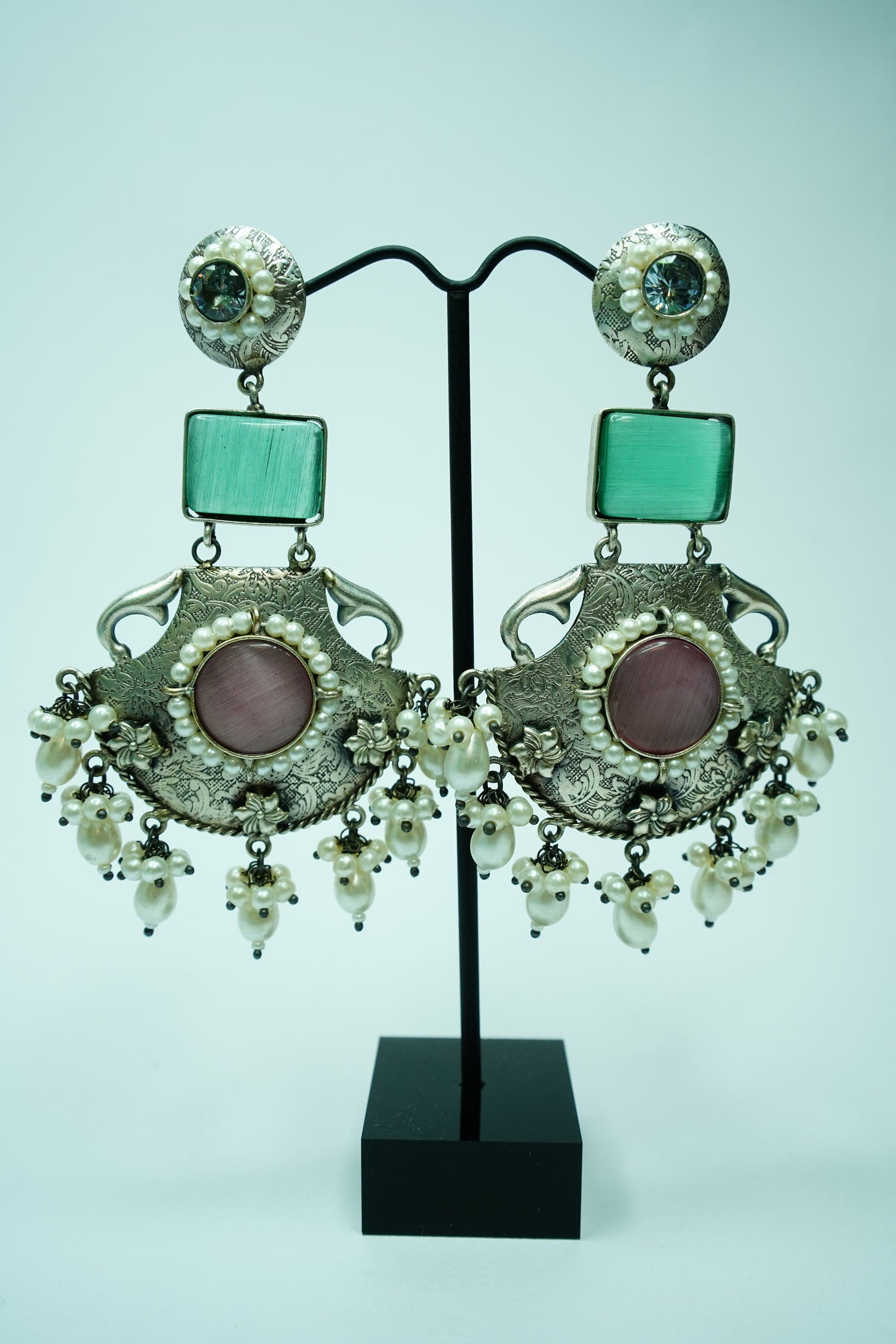Traditional Oxidized Silver Earrings with Pearl Clusters
