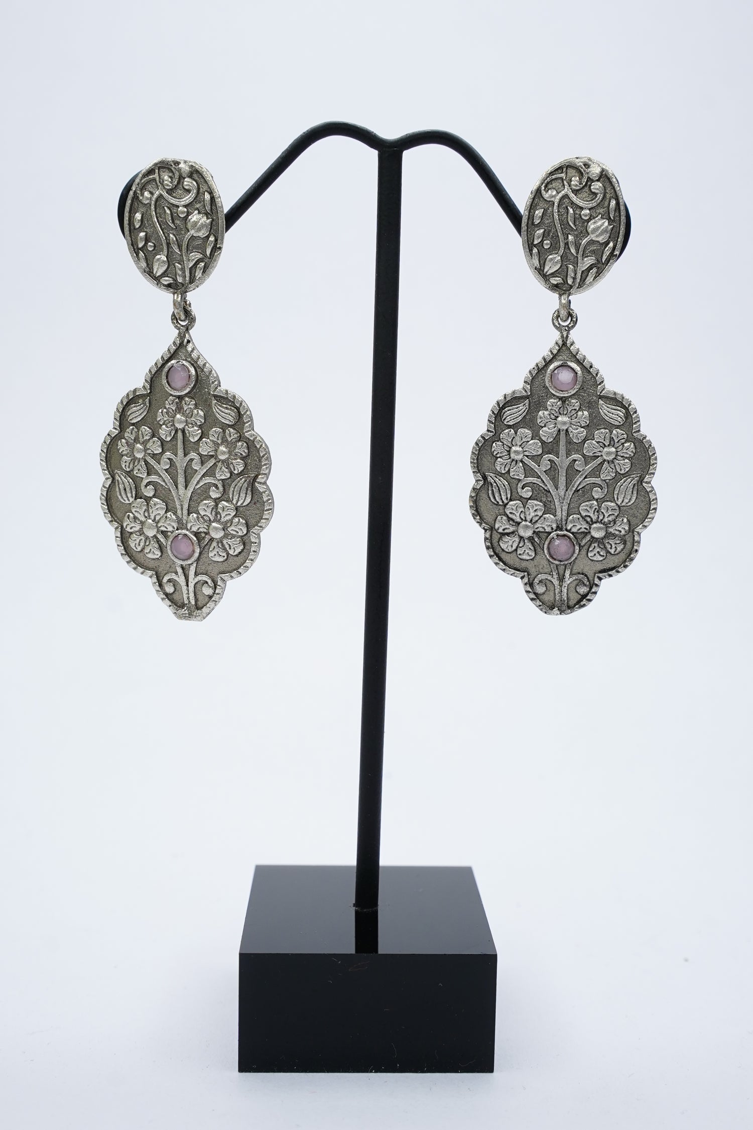 Antique Gold Floral Drop Earrings with Black Stone