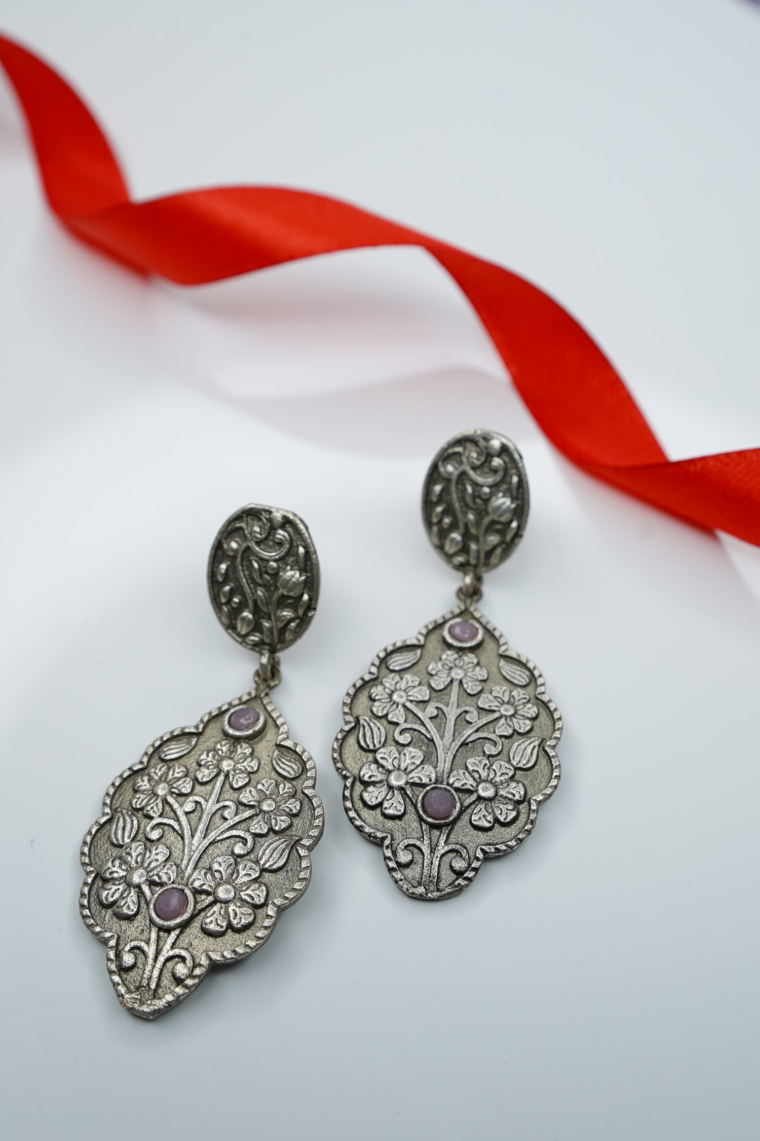 Antique Gold Floral Drop Earrings with Black Stone