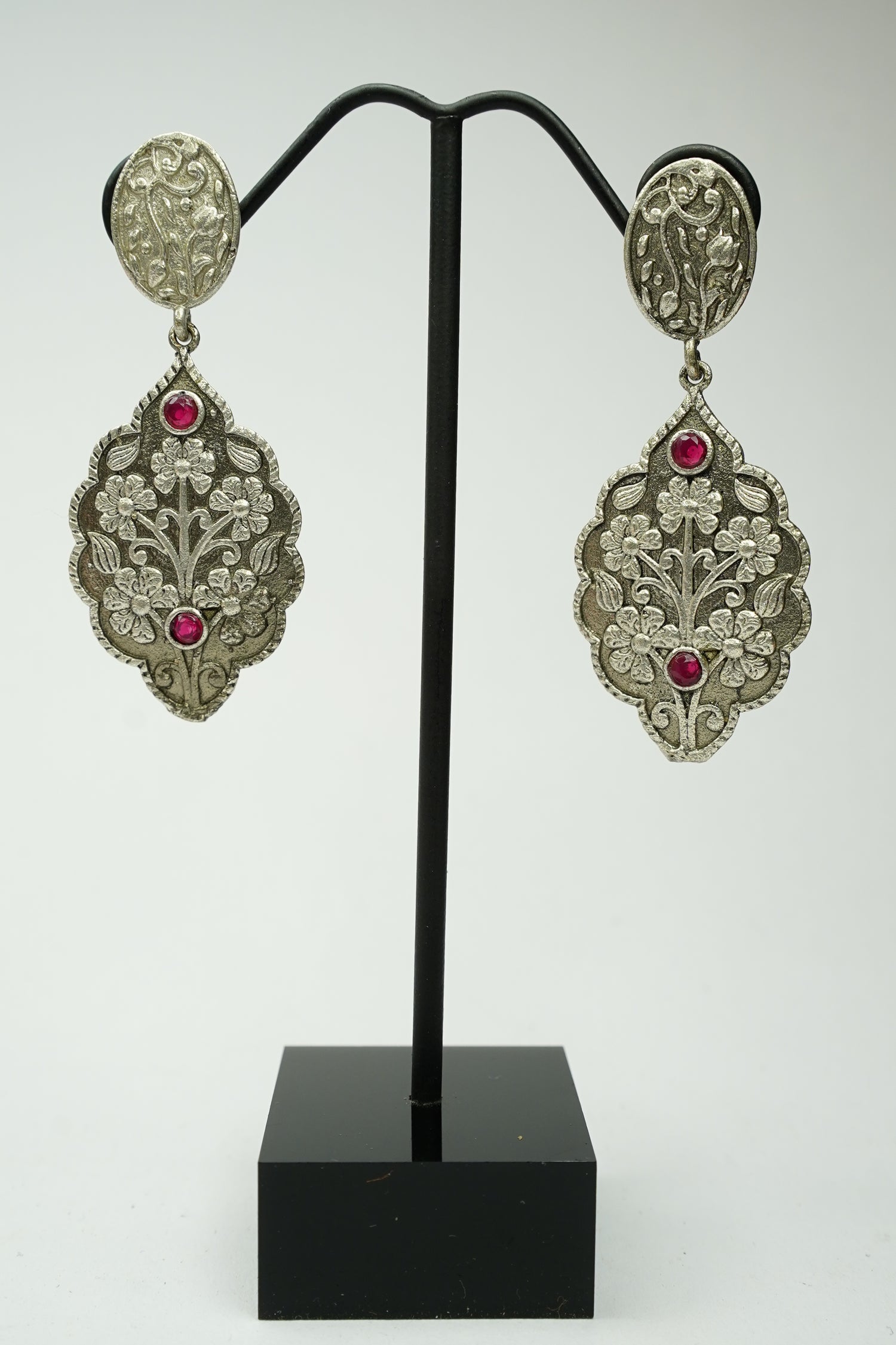 Antique Gold Floral Drop Earrings with Black Stone