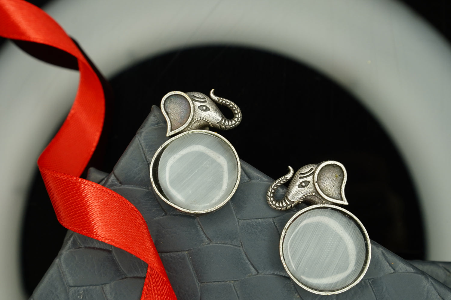 Oxidized Silver Elephant Stud Earrings with Stone